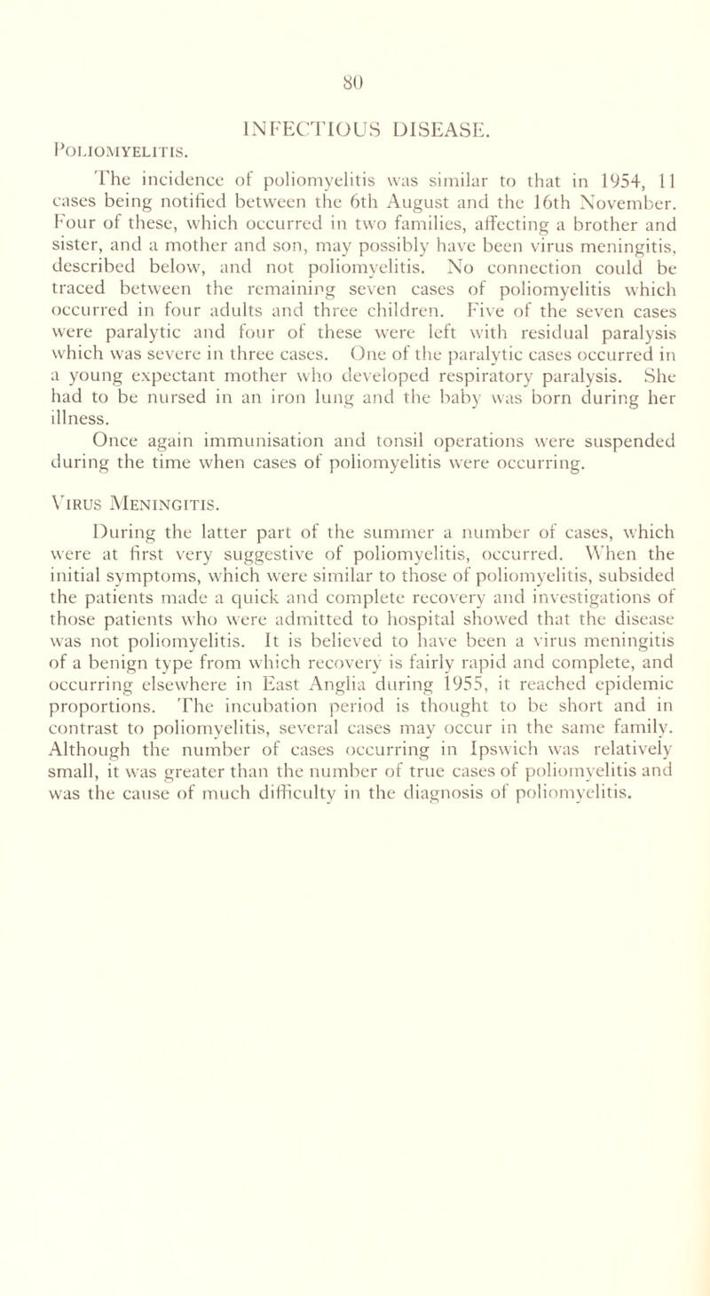 INFECTIOUS DISEASE. Poliomyelitis. The incidence of poliomyelitis was similar to that in 1954, 11 cases being notified between the 6th August and the 16th November. Four of these, which occurred in two families, affecting a brother and sister, and a mother and son, may possibly have been virus meningitis, described below, and not poliomyelitis. No connection could be traced between the remaining seven cases of poliomyelitis which occurred in four adults and three children. Five of the seven cases were paralytic and four of these were left with residual paralysis which was severe in three cases. One of the paralytic cases occurred in a young expectant mother who developed respiratory paralysis. She had to be nursed in an iron lung and the baby was born during her illness. Once again immunisation and tonsil operations were suspended during the time when cases of poliomyelitis were occurring. Virus Meningitis. During the latter part of the summer a number of cases, which were at first very suggestive of poliomyelitis, occurred. When the initial symptoms, which were similar to those of poliomyelitis, subsided the patients made a quick and complete recovery and investigations of those patients who were admitted to hospital showed that the disease was not poliomyelitis. It is believed to have been a virus meningitis of a benign type from which recovery is fairly rapid and complete, and occurring elsewhere in East Anglia during 1955, it reached epidemic proportions. The incubation period is thought to be short and in contrast to poliomyelitis, several cases may occur in the same family. Although the number of cases occurring in Ipswich was relatively small, it was greater than the number of true cases of poliomyelitis and was the cause of much difficulty in the diagnosis of poliomyelitis.