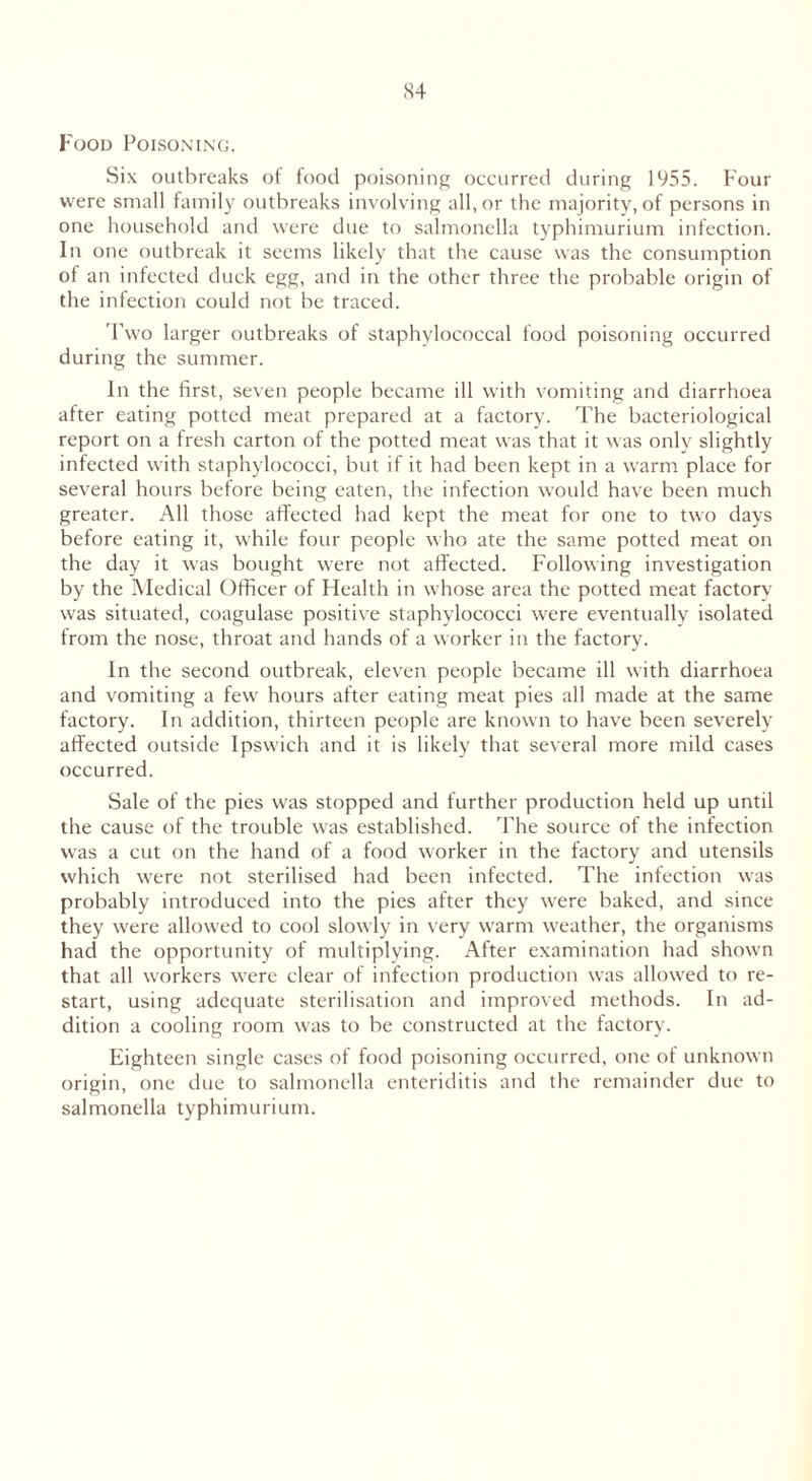 X4 Food Poisoning. Six outbreaks of food poisoning occurred during 1955. Four were small family outbreaks involving all, or the majority, of persons in one household and were due to salmonella typhimurium infection. In one outbreak it seems likely that the cause was the consumption of an infected duck egg, and in the other three the probable origin of the infection could not be traced. 'l'wo larger outbreaks of staphylococcal food poisoning occurred during the summer. In the first, seven people became ill with vomiting and diarrhoea after eating potted meat prepared at a factory. The bacteriological report on a fresh carton of the potted meat was that it was only slightly infected with staphylococci, but if it had been kept in a warm place for several hours before being eaten, the infection would have been much greater. All those affected had kept the meat for one to two days before eating it, while four people who ate the same potted meat on the day it was bought were not affected. Following investigation by the Medical Officer of Health in whose area the potted meat factory was situated, coagulase positive staphylococci were eventually isolated from the nose, throat and hands of a worker in the factory. In the second outbreak, eleven people became ill with diarrhoea and vomiting a few hours after eating meat pies all made at the same factory. In addition, thirteen people are known to have been severely affected outside Ipswich and it is likely that several more mild cases occurred. Sale of the pies was stopped and further production held up until the cause of the trouble was established. The source of the infection was a cut on the hand of a food worker in the factory and utensils which were not sterilised had been infected. The infection was probably introduced into the pies after they were baked, and since they were allowed to cool slowly in very warm weather, the organisms had the opportunity of multiplying. After examination had shown that all workers were clear of infection production was allowed to re- start, using adequate sterilisation and improved methods. In ad- dition a cooling room was to be constructed at the factory. Eighteen single cases of food poisoning occurred, one of unknown origin, one due to salmonella enteriditis and the remainder due to salmonella typhimurium.