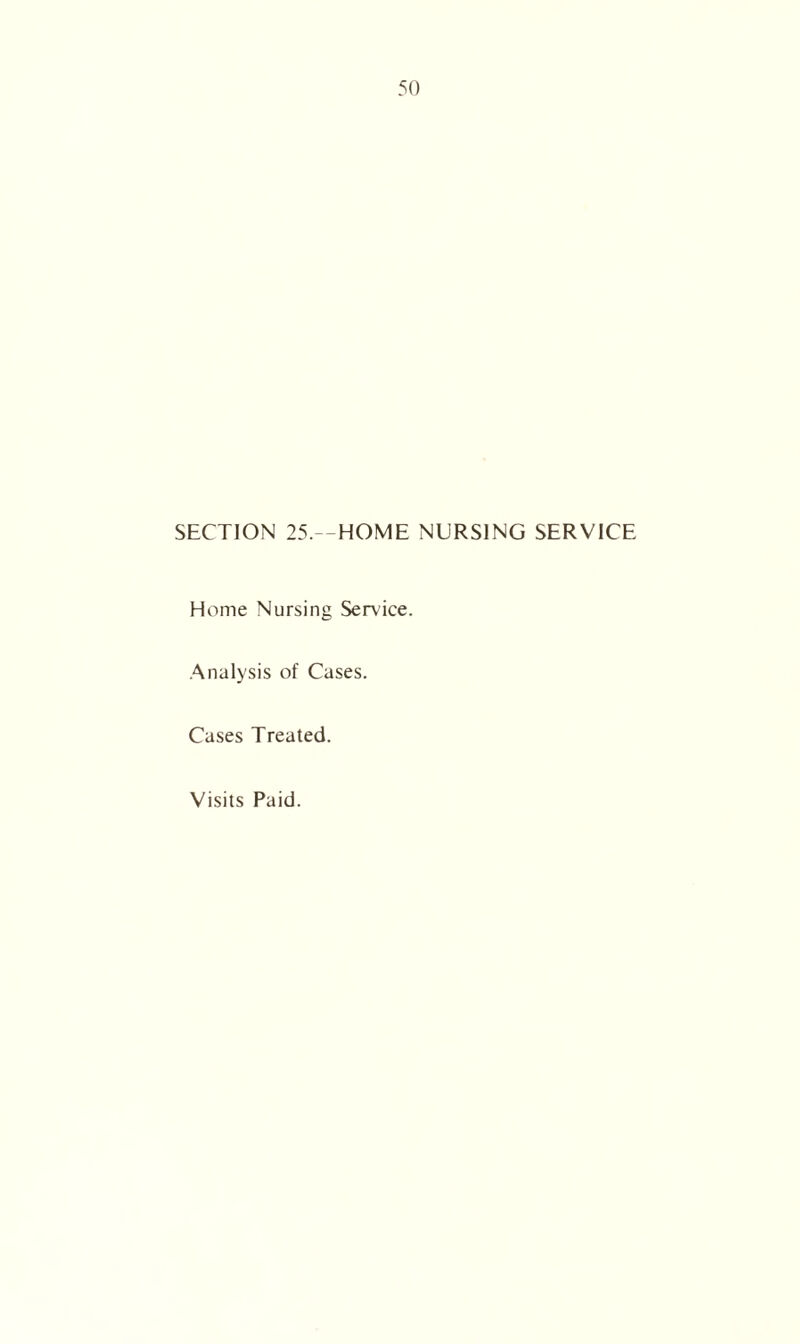 SECTION 25.— HOME NURSING SERVICE Home Nursing Service. Analysis of Cases. Cases Treated. Visits Paid.