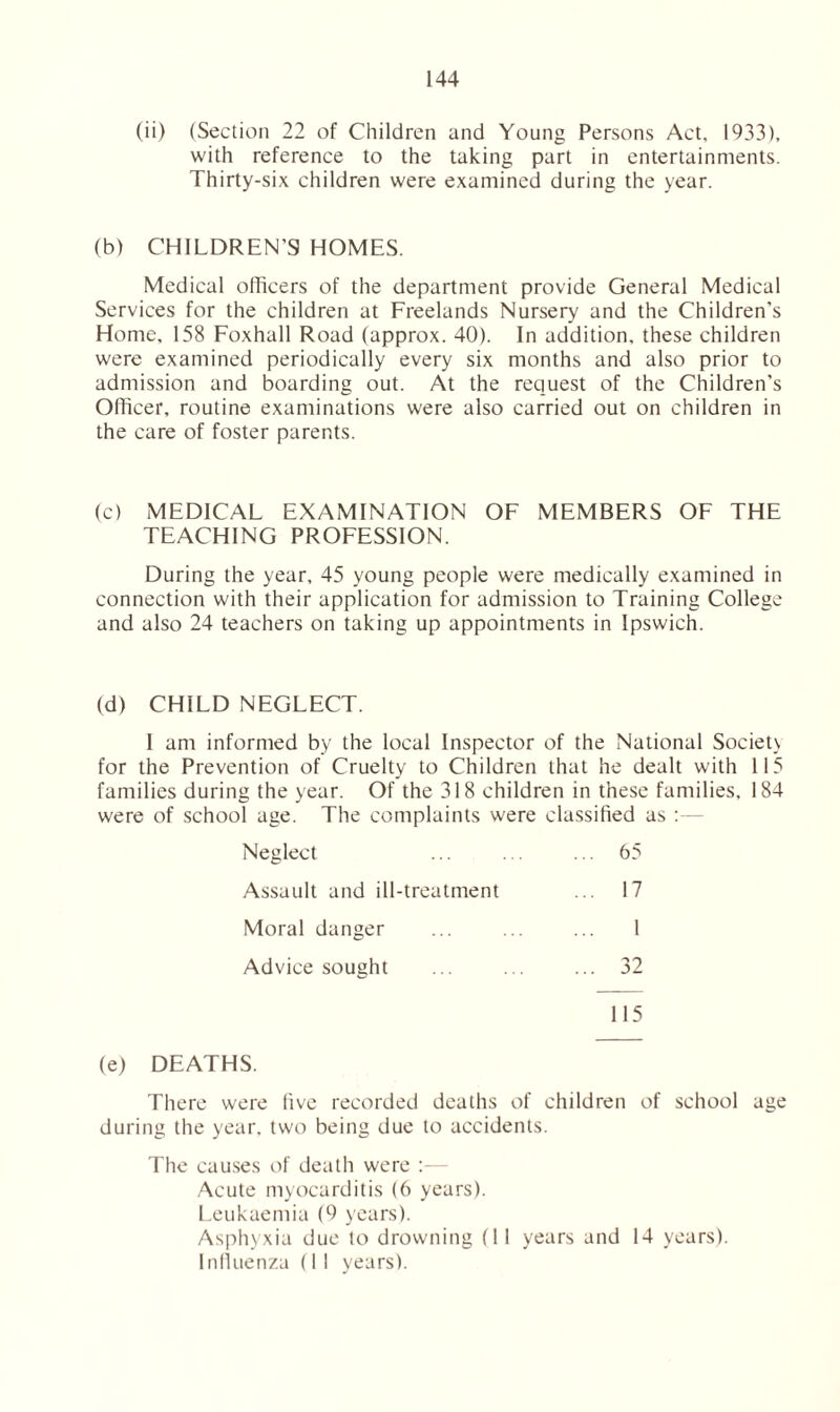 (ii) (Section 22 of Children and Young Persons Act, 1933), with reference to the taking part in entertainments. Thirty-six children were examined during the year. (b) CHILDREN’S HOMES. Medical officers of the department provide General Medical Services for the children at Freelands Nursery and the Children’s Home, 158 Foxhall Road (approx. 40). In addition, these children were examined periodically every six months and also prior to admission and boarding out. At the request of the Children’s Officer, routine examinations were also carried out on children in the care of foster parents. (c) MEDICAL EXAMINATION OF MEMBERS OF THE TEACHING PROFESSION. During the year, 45 young people were medically examined in connection with their application for admission to Training College and also 24 teachers on taking up appointments in Ipswich. (d) CHILD NEGLECT. I am informed by the local Inspector of the National Societ) for the Prevention of Cruelty to Children that he dealt with 115 families during the year. Of the 318 children in these families, 184 were of school age. The complaints were classified as Neglect ... ... ... 65 Assault and ill-treatment ... 17 Moral danger ... ... ... 1 Advice sought ... ... ... 32 115 (e) DEATHS. There were live recorded deaths of children of school age during the year, two being due to accidents. The causes of death were :— Acute myocarditis (6 years). Leukaemia (9 years). Asphyxia due to drowning (11 years and 14 years). Influenza (1 I years).