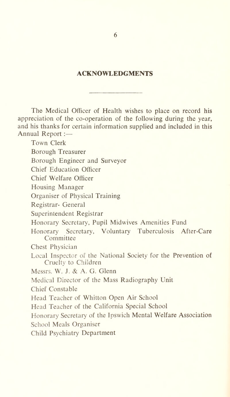 ACKNOWLEDGMENTS The Medical Officer of Health wishes to place on record his appreciation of the co-operation of the following during the year, and his thanks for certain information supplied and included in this Annual Report Town Clerk Borough Treasurer Borough Engineer and Surveyor Chief Education Officer Chief Welfare Officer Housing Manager Organiser of Physical Training Registrar- General Superintendent Registrar Honorary Secretary, Pupil Midwives Amenities Fund Honorary Secretary, Voluntary Tuberculosis After-Care Committee Chest Physician Local Inspector of the National Society for the Prevention of Cruelty to Children Messrs. W. J. & A. G. Glenn Medical Director of the Mass Radiography Unit Chief Constable Head Teacher of Whitton Open Air School Head Teacher of the California Special School Honorary Secretary of the Ipswich Mental Welfare Association School Meals Organiser Child Psychiatry Department