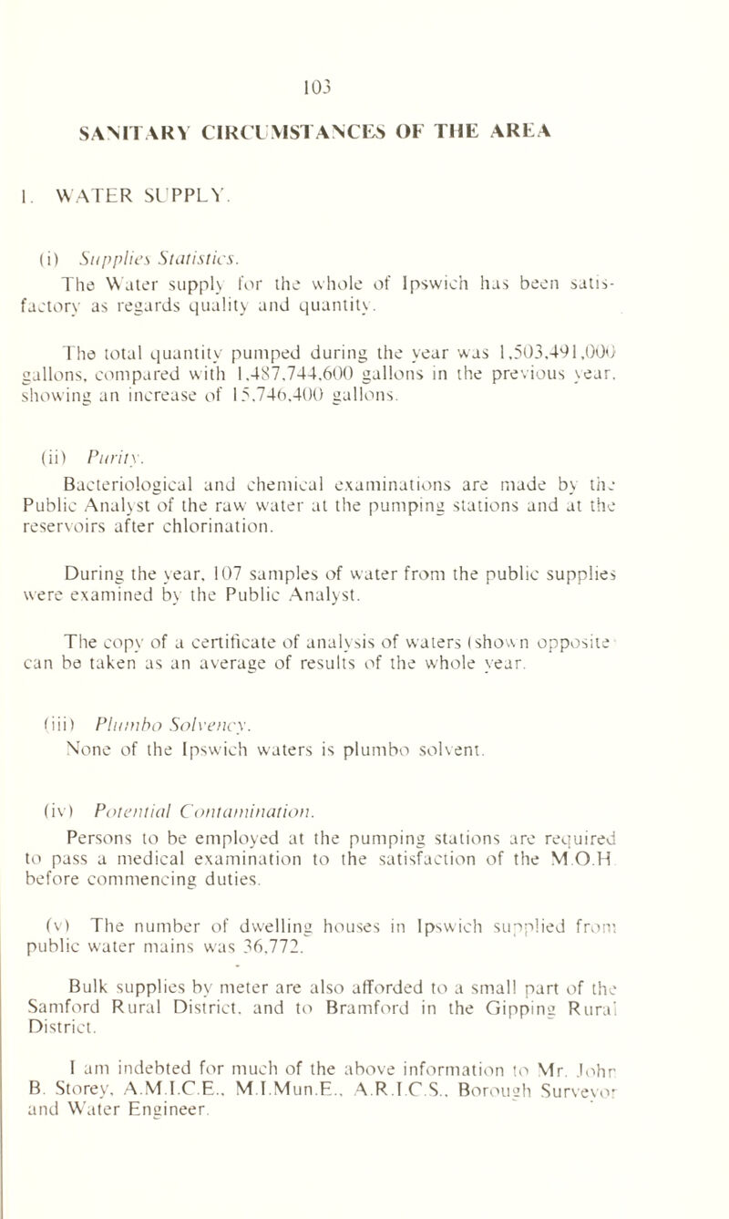 SANITARY CIRCUMSTANCES OF THE AREA 1 WATER SUPPLY. (i) Supplies Statistics. The Water supply for the whole of Ipswich lias been satis- factory as regards quality and quantity. The total quantity pumped during the year was 1.503,491,000 gallons, compared with 1.487.744,600 gallons in the previous year, showing an increase of 15,746.400 gallons. (ii) Purity. Bacteriological and chemical examinations are made by the Public Analyst of the raw water at the pumping stations and at the reservoirs after chlorination. During the year. 107 samples of water from the public supplies were examined by the Public Analyst. The copy of a certificate of analysis of waters (shovsn opposite can be taken as an average of results of the whole year. (iii) Plumbo Solvency. None of the Ipswich waters is plumbo solvent. Civ ) Potential Contamination. Persons to be employed at the pumping stations are required to pass a medical examination to the satisfaction of the M O H before commencing duties. (v) The number of dwelling houses in Ipswich supplied front public water mains was 36.772. Bulk supplies by meter are also afforded to a small part of the Samford Rural District, and to Brantford in the Gipping Rural District. I am indebted for much of the above information to Mr. John B Storey, A.M I C E., MT.Mun.E., A.R.T.C.S., Borough Surveyor and Water Engineer.