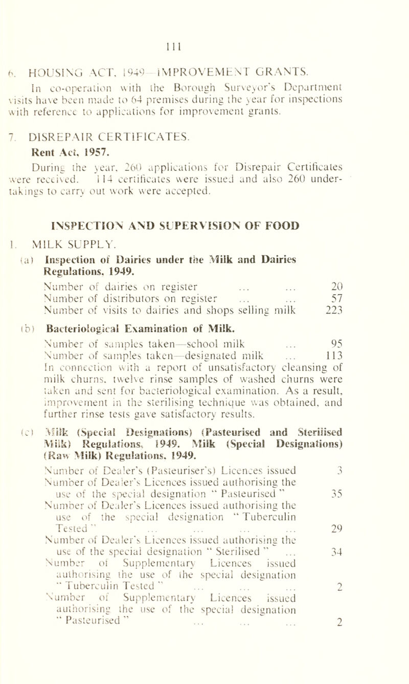 6. HOUSING ACT. 1949 IMPROVEMENT GRANTS. In co-operation with the Borough Surveyor’s Department v isits have been made to 64 premises during the year for inspections with reference to applications for improvement grants. 7 DISREPAIR CERTIFICATES. Rent Act, 1957. During the year, 260 applications for Disrepair Certificates were received. 114 certificates were issued and also 260 under- takings to carry out work w ere accepted. INSPECTION AND SUPERVISION OF FOOD 1 MILK SUPPLY. (a) Inspection of Dairies under the Milk and Dairies Regulations. 1949. Number of dairies or, register ... ... 20 Number of distributors on register ... ... 57 Number of visits to dairies and shops selling milk 223 ib) Bacteriological Examination of Milk. Number of samples taken—school milk ... 95 Number of samples taken designated milk ... 113 In connection with a report of unsatisfactory cleansing of milk churns, twelve rinse samples of washed churns were taken and sent for bacteriological examination. As a result, improvement in the sterilising technique was obtained, and further rinse tests gave satisfactory results. (cl Milk (Special Designations) (Pasteurised and Sterilised Milk) Regulations.. 1949. Milk (Special Designations) (Raw Milk) Regulations. 1949. Number of Dealer's (Pasteuriser's) Licences issued 3 Number of Dealer’s Licences issued authorising the use of the special designation “ Pasteurised ” 35 Number of Dealer's Licences issued authorising the use of the special designation “Tuberculin Tested ’’ ... ... ... ... 29 Number of Dealer's Licences issued authorising the use of the speciai designation “ Sterilised ” ... 34 Number ol Supplementary Licences issued authorising the use of the special designation  Tuberculin Tested  Number of Supplementary Licences issued authorising the use of the special designation “ Pasteurised ” 2