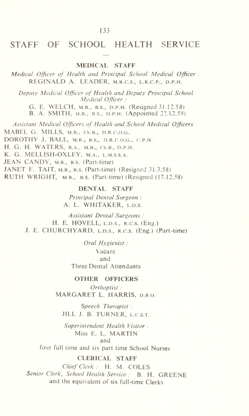 STAFF OF SCHOOL HEALTH SERVICE MEDICAL STAFF Medical Officer of Health and Principal School Medical Officer REGINALD A. LEADER, m.r.c.s., l.r.c.p., d.p.h. Deputy Medical Officer of Health and Deputy Principal School Medical Officer : G. E. WELCH, m.b., b.s., d.p.h. (Resigned 31.12.58) B. A. SMITH, m.b., b.s., d.p.h. (Appointed 22.12.58) Assistant Medical Officers of Health and School Medical Officers MABEL Ci. MILLS, m.b., ch.B., d.r.c.o.g. DOROTHY J. BALL, m.b., b.s., d.r.c.o.g., c.p.h. H. G. H. WATERS, b.a., m.b., Ch.B., d.p.h. K. G. MELLISH-OXLEY, m.a., l.m.s.s.a. JEAN CANDY, m.b., b.s. (Part-time) JANET F. TAIT, m.b., b.s. (Part-time) (Resigned 31.3.58) RUTH W RIGHT, m.b., b.s. (Part-time) (Resigned (17.12.58) DENTAL STAFF Principal Dental Surgeon : A. L. WHITAKER, l.d.s. Assistant Dental Surgeons : H. E. HOVELL, l.d.s., r.c.s. (Eng.) J. E. CHURCHYARD, l.d.s., r.c.s. (Eng.) (Part-time) Oral Hygienist: Vacant and Three Dental Attendants OTHER OFFICERS Orthoptist : MARGARET L. HARRIS, d.b.o. Speech Therapist : JILL J. B. TURNER, l.c.s.t. Superintendent Health Visitor : Miss E. L. MARTIN and four full time and six part time School Nurses CLERICAL STAFF Chief Clerk : H. M. COLES Senior Clerk, School Health Service : B. H. GREENE and the equivalent of six full-time Clerks