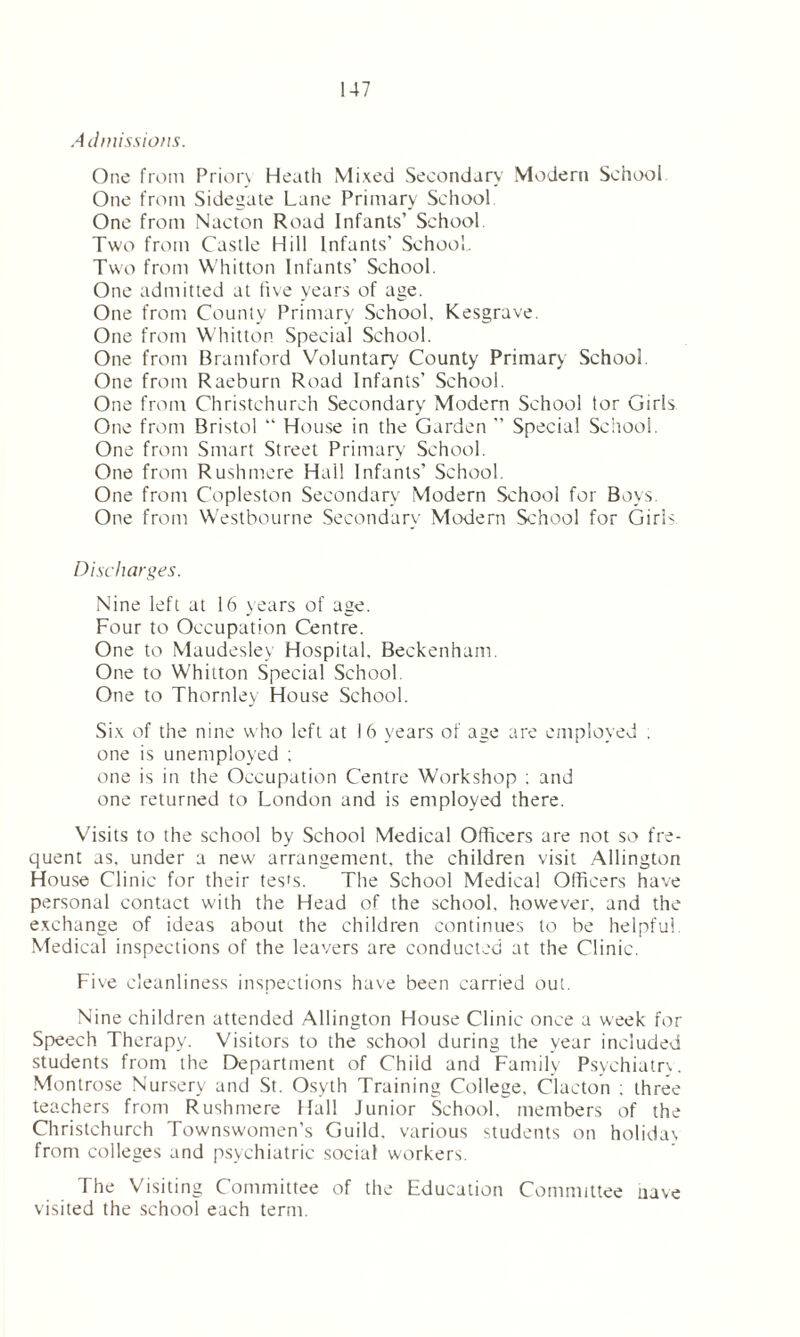 A d missions. One from Prior\ Heath Mixed Secondary Modern School One from Sidegate Lane Primary School One from Nacton Road Infants’ School. Two from Castle Hill Infants’ School. Two from Whitton Infants’ School. One admitted at five years of age. One from County Primary School, Kesgrave. One from Whitton Special School. One from Brantford Voluntary County Primary School. One from Raeburn Road Infants’ School. One from Christchurch Secondary Modern School tor Girls One from Bristol “ House in the Garden  Special School. One from Smart Street Primary School. One from Rushntere Hal! Infants’ School. One from Copleston Secondary Modern School for Boys. One from Westbourne Secondary Modern School for Girls. Discharges. Nine left at 16 years of age. Four to Occupation Centre. One to Maudesley Hospital. Beckenham. One to Whitton Special School One to Thornley House School. Six of the nine who left at 16 years of age are employed . one is unemployed ; one is in the Occupation Centre Workshop ; and one returned to London and is employed there. Visits to the school by School Medical Officers are not so fre- quent as, under a new arrangement, the children visit Allington House Clinic for their tes's. The School Medical Officers have personal contact with the Head of the school, however, and the exchange of ideas about the children continues to be helpful Medical inspections of the leavers are conducted at the Clinic. Five cleanliness inspections have been carried out. Nine children attended Allington House Clinic once a week for Speech Therapy. Visitors to the school during the year included students from the Department of Child and Family Psychiatrx. Montrose Nursery and St. Osyth Training College. Clacton ; three teachers from Rushntere Hall Junior School, members of the Christchurch Townswomen’s Guild, various students on holidax from colleges and psychiatric social workers. The Visiting Committee of the Education Committee uuve visited the school each term.