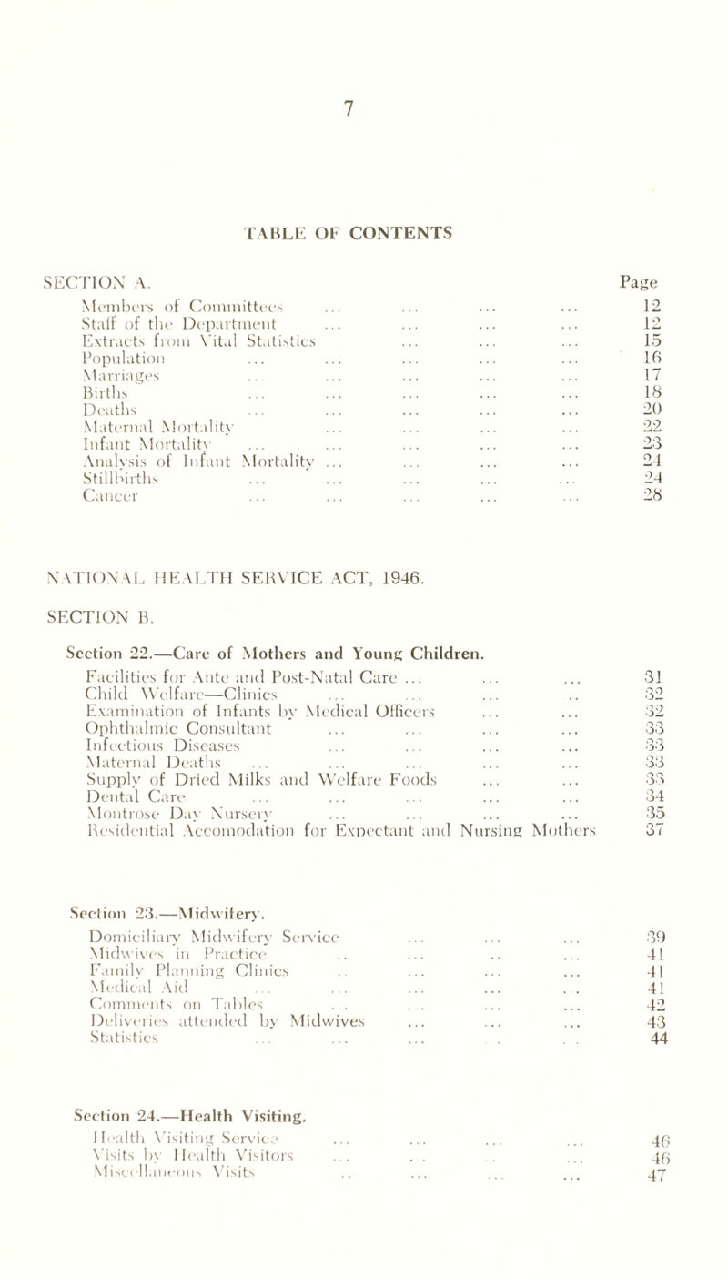 TABLE OF CONTENTS SECTION A. Page Members of Committees ... . ... ... 12 Staff of the Department ... ... ... ... 12 Extracts from Vital Statistics ... ... ... 15 Population ... ... ... ... ... 16 Marriages .. ... ... ... ... 17 Births ... ... ... ... ... 18 Deaths ... ... ... ... 20 Maternal Mortality ... ... ... ... 22 Infant Mortality ... ... ... ... ... 23 Analysis of Infant Mortality ... ... ... ... 24 Stillbirths . . ... ... ... .. 24 Cancer ... ... ... ... ... 28 NATIONAL HEALTH SERVICE ACT, 1946. SECTION B. Section 22.—Care of Mothers and Young Children. Facilities for Ante and Post-Natal Care ... Child Welfare—Clinics Examination of Infants by Medical Officers Ophthalmic Consultant Infectious Diseases Maternal Deaths Supply of Dried Milks and Welfare Foods Dental Care Montrose Day Nursery Residential Accomodation for Expectant and Nursing Mothers 31 32 32 33 33 33 33 34 35 37 Section 23.—Midwifery. Domiciliary Midwifery Service Midwives in Practice Family Planning Clinics Medical Aid Comments on Tables . . Deliveries attended by Midwives Statistics 39 41 41 41 42 43 44 Section 24.—Health Visiting. Health Visiting Service ... ... ... ... Visits 1>\ Health Visitors . . . . .. 45 Miscellaneous Visits .. ... ... ... 47