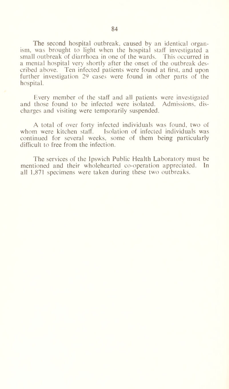 The second hospital outbreak, caused by an identical organ- ism, was brought to light when the hospital staff investigated a small outbreak of diarrhoea in one of the wards. This occurred in a mental hospital very shortly after the onset of the outbreak des- cribed above. Ten infected patients were found at first, and upon further investigation 2^ cases were found in other parts of the hospital. Every member of the staff and all patients were investigated and those found to be infected were isolated. Admissions, dis- charges and visiting were temporarily suspended. A total of over forty infected individuals was found, two of whom were kitchen staff. Isolation of infected individuals was continued for several weeks, some of them being particularly difficult to free from the infection. The services of the Ipswich Public Health Laboratory must be mentioned and their wholehearted co-operation appreciated. In all 1,871 specimens were taken during these two outbreaks.