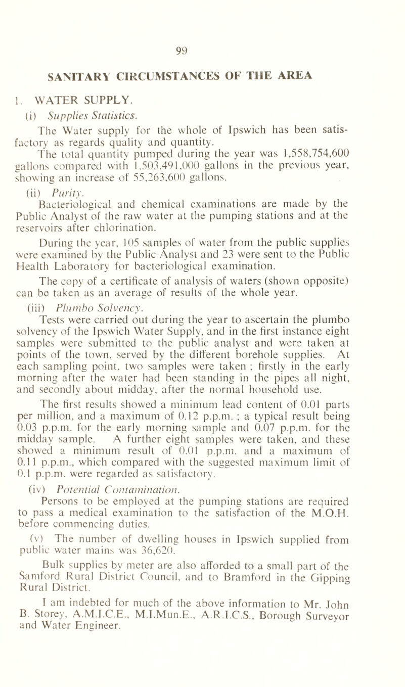 SANITARY CIRCUMSTANCES OF THE AREA 1. WATER SUPPLY. (i) Supplies Statistics. The Water supply for the whole of Ipswich has been satis- factory as regards quality and quantity. The total quantity pumped during the year was 1,558.754,600 gallons compared with 1,503.491,000 gallons in the previous year, showing an increase of 55,263,600 gallons. (ii) Purity. Bacteriological and chemical examinations are made by the Public Analyst of the raw water at the pumping stations and at the reservoirs after chlorination. During the year, 105 samples of water from the public supplies were examined by the Public Analyst and 23 were sent to the Public Health Laboratory for bacteriological examination. The copy of a certificate of analysis of waters (shown opposite) can be taken as an average of results of the whole year. (iii) PI urn bo Solvency. Tests were carried out during the year to ascertain the plumbo solvency of the Ipswich Water Supply, and in the first instance eight samples were submitted to the public analyst and were taken at points of the town, served by the different borehole supplies. At each sampling point, two samples were taken ; firstly in the early morning after the water had been standing in the pipes all night, and secondly about midday, after the normal household use. The first results showed a minimum lead content of 0.01 parts per million, and a maximum of 0.12 p.p.m. ; a typical result being 0.03 p.p.m. for the early morning sample and 0.07 p.p.m. for the midday sample. A further eight samples were taken, and these showed a minimum result of 0.01 p.p.m. and a maximum of 0.11 p.p.m., which compared with the suggested maximum limit of 0.1 p.p.m. were regarded as satisfactory. (iv) Potential Contamination. Persons to be employed at the pumping stations are required to pass a medical examination to the satisfaction of the M.O.H. before commencing duties. (v) The number of dwelling houses in Ipswich supplied from public water mains was 36,620. Bulk supplies by meter are also afforded to a small part of the Samford Rural District Council, and to Bramford in the Gippirn* Rural District. I am indebted for much of the above information to Mr. John B. Storey, A.M.I.C.E.. M.I.Mun.E.. A.R.I.C.S., Borough Surveyor and Water Engineer.