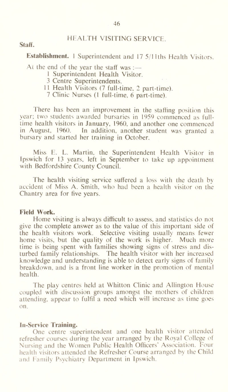 HFALTH VISITING SERVICE. Start. Establishment. I Superintendent and 17 5/llths Health Visitors. At the end of the year the staff was :— 1 Superintendent Health Visitor. 3 Centre Superintendents. 11 Health Visitors (7 full-time, 2 part-time). 7 Clinic Nurses (1 full-time, 6 part-time). There has been an improvement in the staffing position this year: two students awarded bursaries in 1959 commenced as full- time health visitors in January, 1960, and another one commenced in August, I960. In addition, another student was granted a bursary and started her training in October. Miss E. L. Martin, the Superintendent Health Visitor in Ipswich for 13 years, left in September to lake up appointment with Bedfordshire County Council. The health visiting service suffered a loss with the death by accident of Miss A. Smith, who had been a health visitor on the Chantry area for five years. Field Work. Home visiting is always difficult to assess, and statistics do not give the complete answer as to the value of this important side of the health visitors work. Selective visiting usually means fewer home visits, but the quality of the work is higher. Much more time is being spent with families showing signs of stress and dis- turbed family relationships. The health visitor with her increased knowledge and understanding is able to detect early signs of family breakdown, and is a front line worker in the promotion of mental health. The play centres held at Whitton Clinic and Allington House coupled with discussion groups amongst the mothers of children attending, appear to fulfil a need which will increase as time goes on. In-Service Training. One centre superintendent and one health visitor attended refresher courses during the year arranged by the Royal College of Nursing and the Women Public Health Officers' Association. Four health visitors attended the Refresher Course arranged by the Child anti Family Psychiatry Department in Ipswich.
