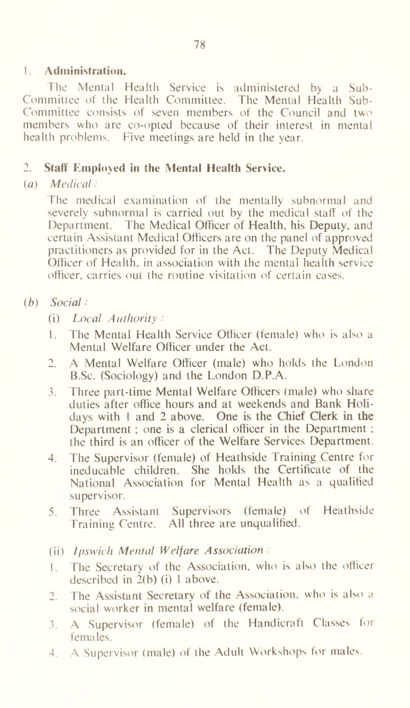 1. Administration. The Mental Health Service is administered by a Sub- committee of the Health Committee. The Mental Health Sub- Committee consists of seven members of the Council and two members who are co-opted because of their interest in mental health problems. Five meetings are held in the year. 2. Staff employed in the Mental Health Service. (a) Medical■ The medical examination of the mentally subnormal and severely subnormal is carried out by the medical staff of the Department. The Medical Officer of Health, his Deputy, and certain Assistant Medical Officers are on the panel of approved practitioners as provided for in the Act. The Deputy Medical Officer of Health, in association with the mental health service officer, carries out the routine visitation of certain cases. (b) Social: (i) Local Authority • 1. The Mental Health Service Officer (female) who is also a Mental Welfare Officer under the Act. 2. A Mental Welfare Officer (male) who holds the London B.Sc. (Sociology) and the London D.P.A. 3. Three part-time Mental Welfare Officers (male) who share duties after office hours and at weekends and Bank Holi- days with 1 and 2 above. One is the Chief Clerk in the Department ; one is a clerical officer in the Department ; the third is an officer of the Welfare Services Department. 4. The Supervisor (female) of Heathside Training Centre for ineducable children. She holds the Certificate of the National Association for Mental Health as a qualified supervisor. 5. Three Assistant Supervisors (female) of Heathside Training Centre. All three are unqualified. (ii) Ipswich Mental Welfare Association 1. The Secretary of the Association, who is also the officer described in 2(b) (i) 1 above. 2. The Assistant Secretary of the Association, who is also a social worker in mental welfare (female). 3. A Supervisor (female) of the Handicraft Classes tor females. 4. A Supervisor (male) of the Adult Workshops for males.