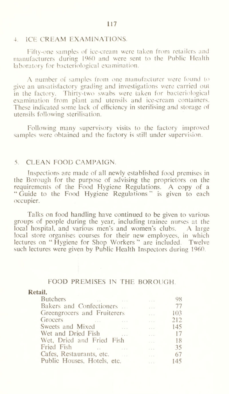 4 ICE CREAM EXAMINATIONS. Fifty-one samples of ice-cream were taken from retailers and manufacturers during 1960 and were sent to the Public Health laboratory for bacteriological examination. A number of samples from one manufacturer were found to give an unsatisfactory grading and investigations were carried out in the factory. Thirty-two swabs were taken for bacteriological examination from plant and utensils and ice-cream containers. These indicated some lack of efficiency in sterilising and storage of utensils following sterilisation. Following many supervisory visits to the factory improved samples were obtained and the factory is still under supervision. 5. CLEAN FOOD CAMPAIGN. Inspections are made of all newly established food premises in the Borough for the purpose of advising the proprietors on the requirements of the Food Hygiene Regulations. A copy of a “ Guide to the Food Hygiene Regulations ” is given to each occupier. Talks on food handling have continued to be given to various groups of people during the year, including trainee nurses at the local hospital, and various men’s and women’s clubs. A large local store organises courses for their new employees, in which lectures on “Hygiene for Shop Workers’’ are included. Twelve such lectures were given by Public Health Inspectors during I960. FOOD PREMISES IN THE BOROUGH Retail. Butchers Bakers and Confectioners Greengrocers and Fruiterers Grocers Sweets and Mixed Wet and Dried Fish Wet, Dried and Fried Fish Fried Fish Cafes, Restaurants, etc. Public Houses, Hotels, etc. 98 77 103 212 145 17 18 35 67 145