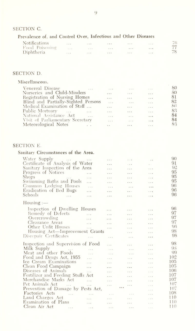 SECTION C. Prevalence of. and Control Over. Infectious and Other Diseases Notifications ... ... ... 76 Food Poisoning ... ... ... ... ... 77 Diphtheria ... ••• ••• 78 SECTION D. Miscellaneous. Venereal Disease ... ■. ■ • • 80 Nurseries and Child-Minders ... ... ... 80 Registration of Nursing Homes ... ... ... 81 Blind and Partially-Sighted Persons ... ... ... 82 Medical Examination of Staff ... ... ... ... 80 Public Mortuary ... ... ... ... ... 83 National Assistance Act ... ... ... ... 84 Visit of Parliamentary Secretary ... ... ... 84 Meteorological Notes . . .. ... ... 83 SECTION E. Sanitary Circumstances of the Area. Water Supply ... ... ... ... .. 90 Certificate of Analysis of Water ... .. . 91 Sanitary Inspection of the Area ... ... ... 92 Progress of Notices ... ... ... ... 95 Shops ... ... ... ... ... 95 Swimming Baths and Pools ... ... ... ... 95 Common Lodging Houses ... ... ... ... 96 Eradication of Bed Bugs ... ... ... ... 96 Schools ... ... ... ... ... 96 Housing :— Inspection of Dwelling Houses ... ... ... 96 Remedy of Defects ... ... ... ... 97 Overcrowding ... ... ... ... 97 Clearance Areas ... ... ... ... 97 Other Unfit Houses ... ... ... ... 96 Housing Act—Improvement Grants ... ... 98 Disrepair Certificates ... ... ... ... 98 Inspection and Supervision of Food ... ... ... 98 Milk Supply ... ... ... ... ... 98 Meat and other Foods ... ... ... ... 99 Food and Drugs Act, 1955 ... ... ... ... 102 Ice Cream Examinations ... ... ... ... 105 Clean Food Campaign ... ... ... ... 105 Diseases of Animals ... ... ... . . 106 Fertilizer and Feeding Stuffs Act ... ... ... 107 Merchandise Marks Act ... ... ... ... 107 Pet Animals Act ... ... ... ... . '07 Prevention of Damage by Pests Act, * ... 107 Factories Acts ... ... . . ... ... 108 Land Charges Act ... ... ... .. 110 Examination of Plans ... ... ... . . 110 Clean Air Act ... ... ... ... .. 110