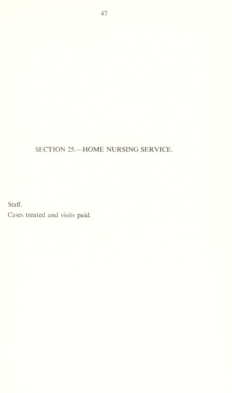 SECTION 25 —HOME NURSING SERVICE. Staff. Cases treated and visits paid.