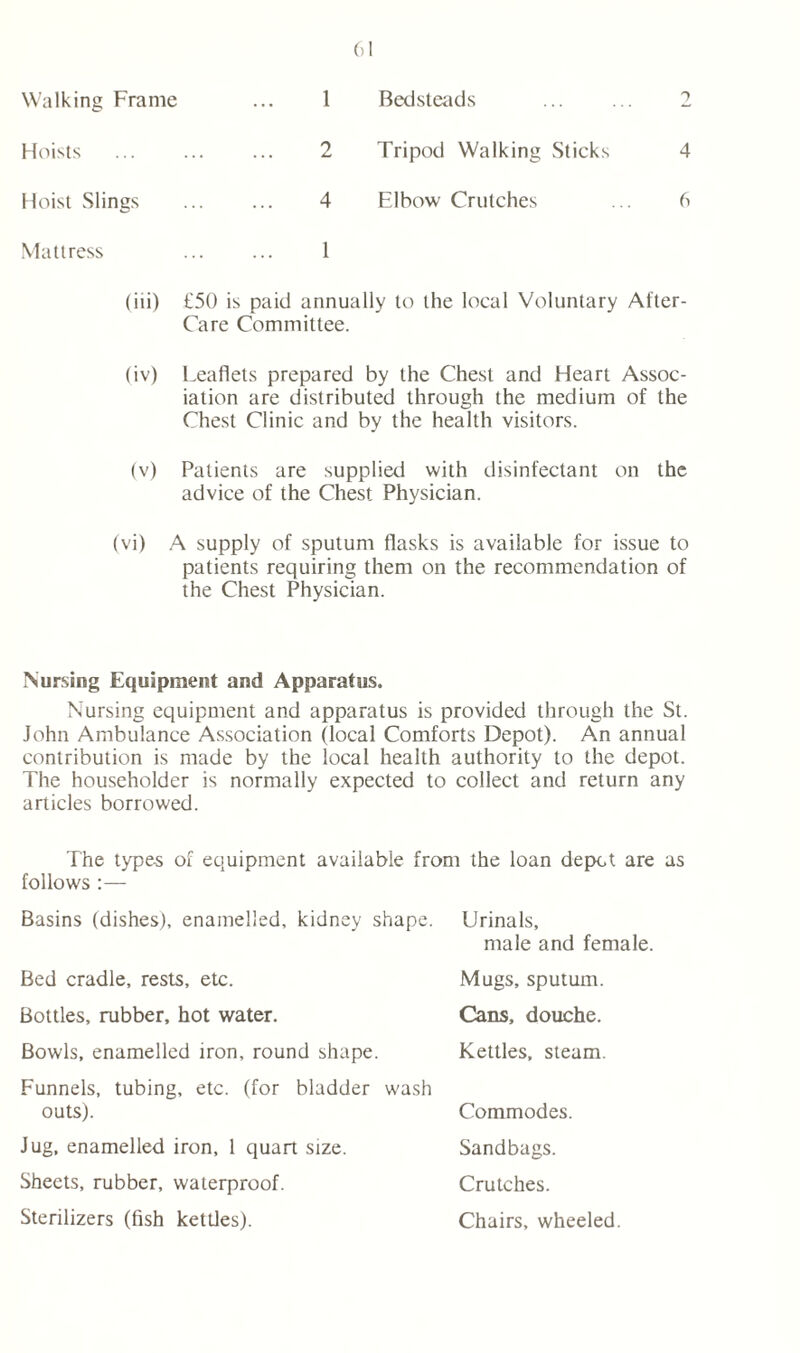 Walking Frame Hoists Hoist Slings Mattress 1 Bedsteads ... ... 2 2 Tripod Walking Sticks 4 4 Elbow Crutches ... 6 1 (iii) £50 is paid annually to the local Voluntary Aiter- Care Committee. (iv) Leaflets prepared by the Chest and Heart Assoc- iation are distributed through the medium of the Chest Clinic and by the health visitors. (v) Patients are supplied with disinfectant on the advice of the Chest Physician. (vi) A supply of sputum flasks is available for issue to patients requiring them on the recommendation of the Chest Physician. Nursing Equipment and Apparatus. Nursing equipment and apparatus is provided through the St. John Ambulance Association (local Comforts Depot). An annual contribution is made by the local health authority to the depot. The householder is normally expected to collect and return any articles borrowed. The types of equipment available from the loan depot are as follows :— Basins (dishes), enamelled, kidney shape. Urinals, male and female. Bed cradle, rests, etc. Bottles, rubber, hot water. Bowls, enamelled iron, round shape. Funnels, tubing, etc. (for bladder wash outs). Jug, enamelled iron, 1 quart size. Sheets, rubber, waterproof. Sterilizers (fish kettles). Mugs, sputum. Cans, douche. Kettles, steam. Commodes. Sandbags. Crutches. Chairs, wheeled.