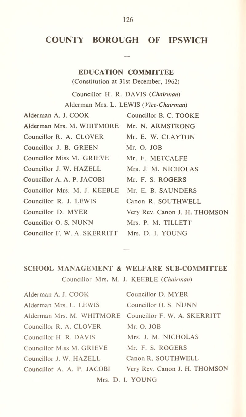 COUNTY BOROUGH OF IPSWICH EDUCATION COMMITTEE (Constitution at 31st December, 1962) Councillor H. R. DAVIS (Chairman) Alderman Mrs. L. LEWIS (Vice-Chairman) Alderman A. J. COOK Alderman Mrs. M. WHITMORE Councillor R. A. CLOVER Councillor J. B. GREEN Councillor Miss M. GRIEVE Councillor J. W. HAZELL Councillor A. A. P. JACOBI Councillor Mrs. M. J. KEEBLE Councillor R. J. LEWIS Councillor D. MYER Councillor O. S. NUNN Councillor F. W. A. SKERRITF Councillor B. C. TOOKE Mr. N. ARMSTRONG Mr. E. W. CLAYTON Mr. O. JOB Mr. F. METCALFE Mrs. J. M. NICHOLAS Mr. F. S. ROGERS Mr. E. B. SAUNDERS Canon R. SOUTHWELL Very Rev. Canon J. H. THOMSON Mrs. P. M. TILLETT Mrs. D. I. YOUNG SCHOOL MANAGEMENT & Councillor Mrs. M. Alderman A. J. COOK Alderman Mrs. L. LEWIS Alderman Mrs. M. WHITMORE Councillor R. A. CLOVER Councillor H. R. DAVIS Councillor Miss M. GRIEVE Councillor J. W. HAZELL Councillor A. A. P. JACOBI WELFARE SUB-COMMITTEE . KEEBLE (Chairman) Councillor D. MYER Councillor O. S. NUNN Councillor F. W. A. SKERRITT Mr. O. JOB Mrs. J. M. NICHOLAS Mr. F. S. ROGERS Canon R. SOUTHWELL Very Rev. Canon J. H. THOMSON Mrs. D. I. YOUNG