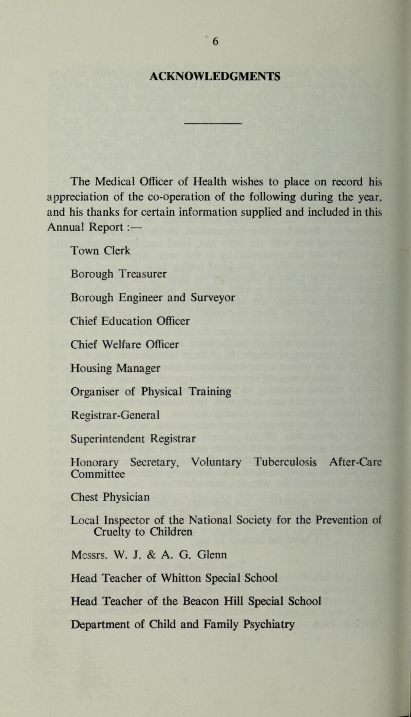 ACKNOWLEDGMENTS The Medical Officer of Health wishes to place on record his appreciation of the co-operation of the following during the year, and his thanks for certain information supplied and included in this Annual Report:— Town Clerk Borough Treasurer Borough Engineer and Surveyor Chief Education Officer Chief Welfare Officer Housing Manager Organiser of Physical Training Registrar-General Superintendent Registrar Honorary Secretary, Voluntary Tuberculosis After-Care Committee Chest Physician Local Inspector of the National Society for the Prevention of Cruelty to Children Messrs. W. J. & A. G. Glenn Head Teacher of Whitton Special School Head Teacher of the Beacon Hill Special School Department of Child and Family Psychiatry