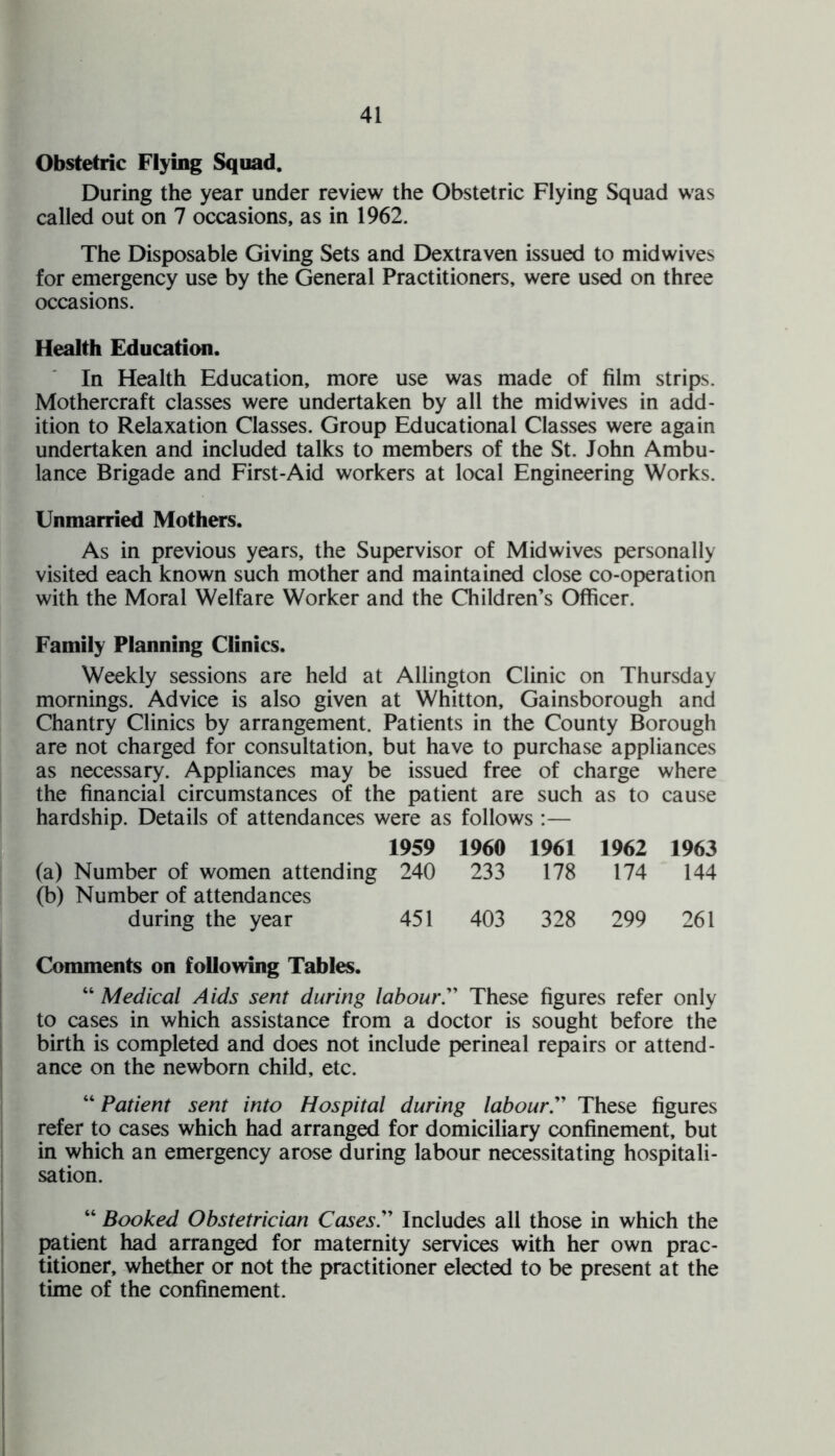 Obstetric Flying Squad. During the year under review the Obstetric Flying Squad was called out on 7 occasions, as in 1962. The Disposable Giving Sets and Dextraven issued to midwives for emergency use by the General Practitioners, were used on three occasions. Health Education. In Health Education, more use was made of film strips. Mothercraft classes were undertaken by all the midwives in add¬ ition to Relaxation Classes. Group Educational Classes were again undertaken and included talks to members of the St. John Ambu¬ lance Brigade and First-Aid workers at local Engineering Works. Unmarried Mothers. As in previous years, the Supervisor of Midwives personally visited each known such mother and maintained close co-operation with the Moral Welfare Worker and the Children’s Officer. Family Planning Clinics. Weekly sessions are held at Allington Clinic on Thursday mornings. Advice is also given at Whitton, Gainsborough and Chantry Clinics by arrangement. Patients in the County Borough are not charged for consultation, but have to purchase appliances as necessary. Appliances may be issued free of charge where the financial circumstances of the patient are such as to cause hardship. Details of attendances were as follows :— 1959 1960 1961 1962 1963 (a) Number of women attending 240 233 178 174 144 (b) Number of attendances during the year 451 403 328 299 261 Comments on following Tables. “ Medical Aids sent during labour.” These figures refer only to cases in which assistance from a doctor is sought before the birth is completed and does not include perineal repairs or attend¬ ance on the newborn child, etc. “ Patient sent into Hospital during labour.” These figures refer to cases which had arranged for domiciliary confinement, but in which an emergency arose during labour necessitating hospitali¬ sation. “ Booked Obstetrician Cases” Includes all those in which the patient had arranged for maternity services with her own prac¬ titioner, whether or not the practitioner elected to be present at the time of the confinement.