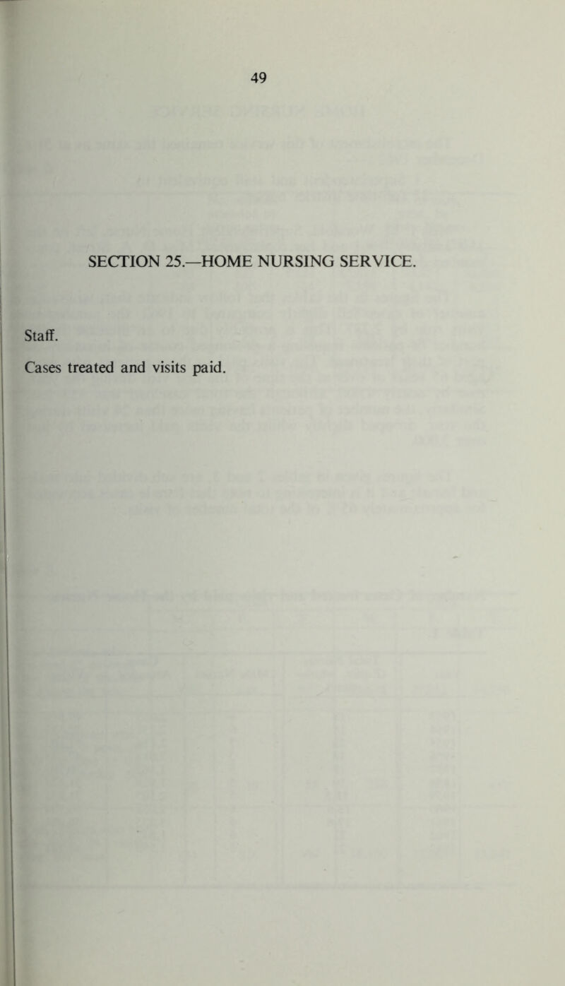 SECTION 25.—HOME NURSING SERVICE. Staff. Cases treated and visits paid.