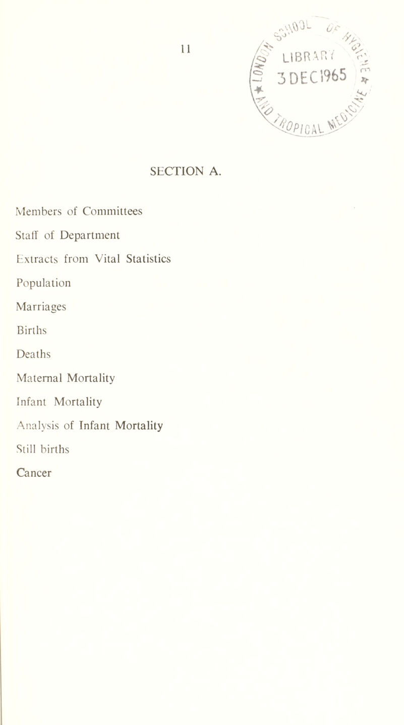 SECTION A. Members of Committees Stall of Department Extracts from Vital Statistics Population Marriages Births Deaths Maternal Mortality Infant Mortality Analysis of Infant Mortality Still births Cancer