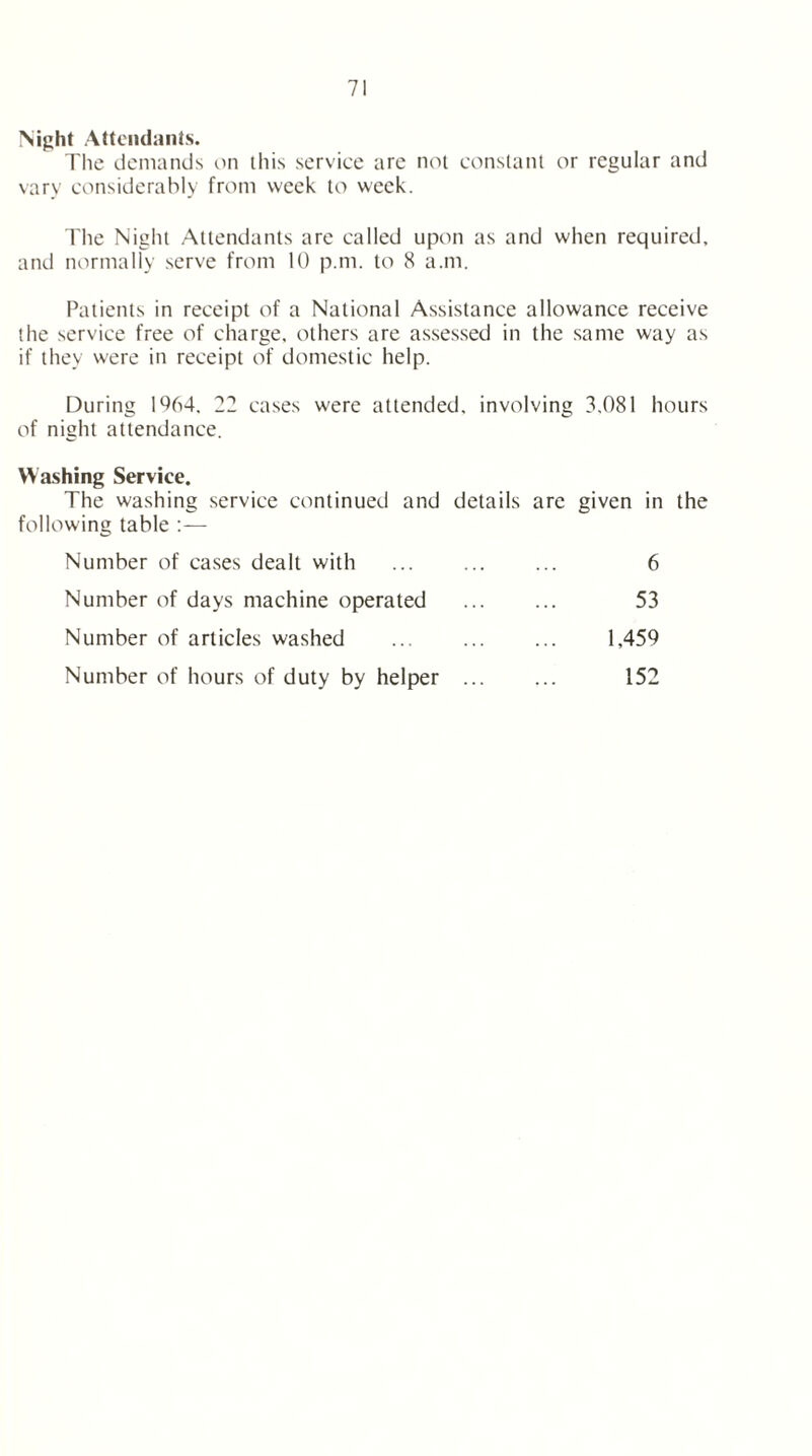 Night Attendants. The demands on this service are not constant or regular and vary considerably from week to week. The Night Attendants are called upon as and when required, and normally serve from 10 p.m. to 8 a.m. Patients in receipt of a National Assistance allowance receive the service free of charge, others are assessed in the same way as if they were in receipt of domestic help. During 1%4. 22 cases were attended, involving 3,081 hours of night attendance. Washing Service. The washing service continued and details are given in the following table :— Number of cases dealt with 6 Number of days machine operated 53 Number of articles washed 1.459 Number of hours of duty by helper ... 152