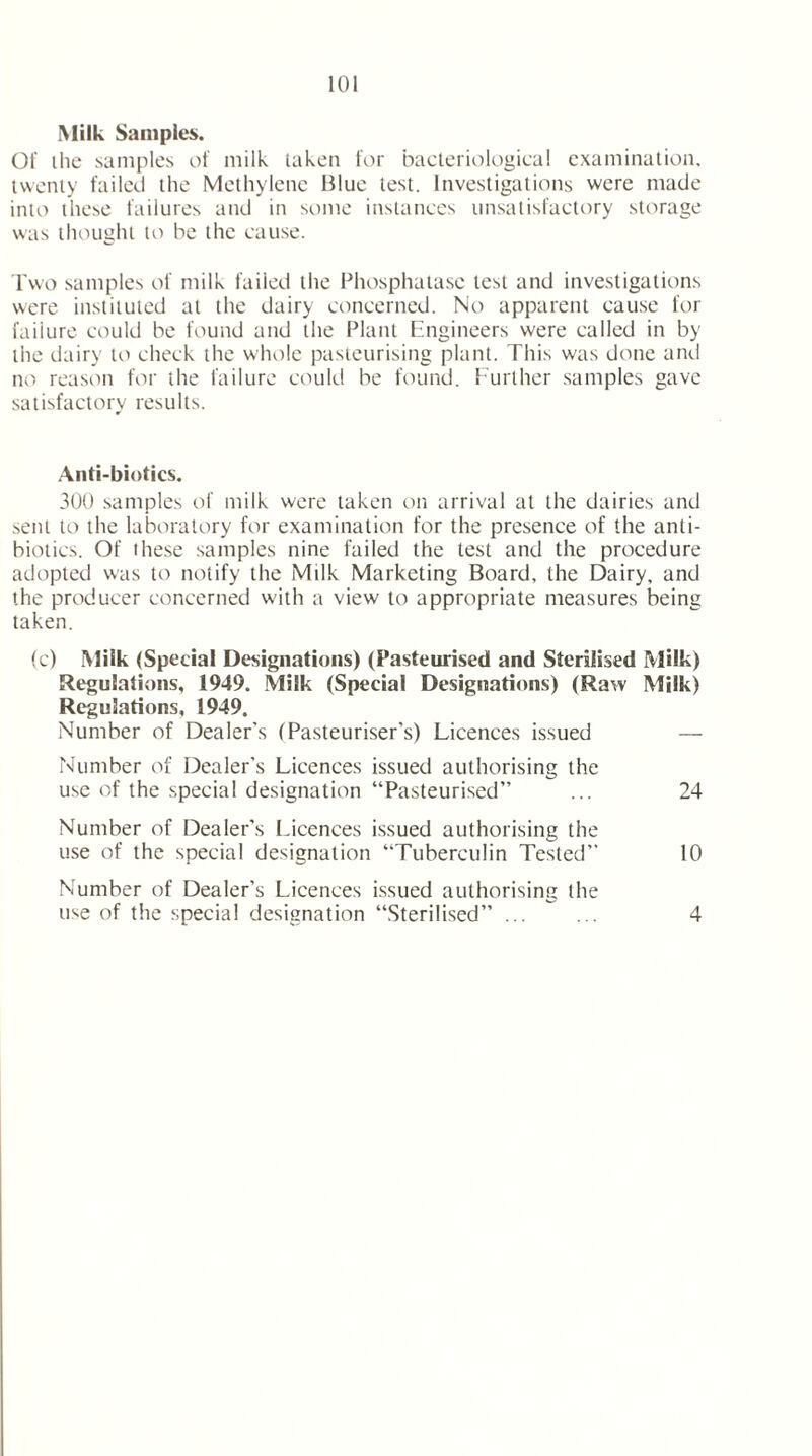 Milk Samples. Of ihe samples of milk taken for bacteriological examination, twenty failed the Methylene Blue test. Investigations were made into these failures and in some instances unsatisfactory storage was thought to be the cause. Two samples of milk failed the Phosphatase lest and investigations were instituted at the dairy concerned. No apparent cause for failure could be found and the Plant Engineers were called in by the dairy to check the whole pasteurising plant. This was done and no reason for the failure could be found. Further samples gave satisfactory results. Anti-biotics. 300 samples of milk were taken on arrival at the dairies and sent to the laboratory for examination for the presence of the anti- biotics. Of these samples nine failed the test and the procedure adopted was to notify the Milk Marketing Board, the Dairy, and the producer concerned with a view to appropriate measures being taken. (c) Milk (Special Designations) (Pasteurised and Sterilised Milk) Regulations, 1949. Milk (Special Designations) (Raw Milk) Regulations, 1949. Number of Dealer's (Pasteuriser's) Licences issued — Number of Dealer's Licences issued authorising the use of the special designation “Pasteurised” ... 24 Number of Dealer’s Licences issued authorising the use of the special designation “Tuberculin Tested” 10 Number of Dealer’s Licences issued authorising the use of the special designation “Sterilised” ... ... 4