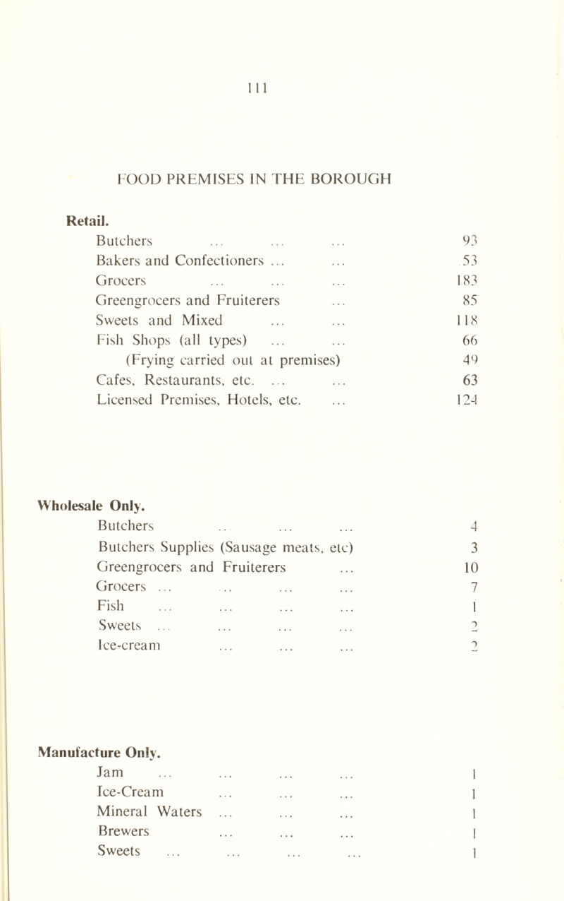 Retail. Butchers ... ... ... 93 Bakers and Confectioners ... ... 53 Grocers ... ... ... 183 Greengrocers and Fruiterers ... 85 Sweets and Mixed ... ... 118 Fish Shops (all types) ... ... 66 (Frying carried out at premises) 49 Cafes, Restaurants, etc. ... ... 63 Licensed Premises, Hotels, etc. ... 124 Wholesale Only. Butchers ... ... 4 Butchers Supplies (Sausage meats, etc) 3 Greengrocers and Fruiterers ... 10 Grocers ... ... ... ... 7 Fish ... ... ... ... I Sweets ... ... ... ... 2 Ice-cream ... ... ... 2 Manufacture Only. Jam Ice-Cream Mineral Waters Brewers Sweets