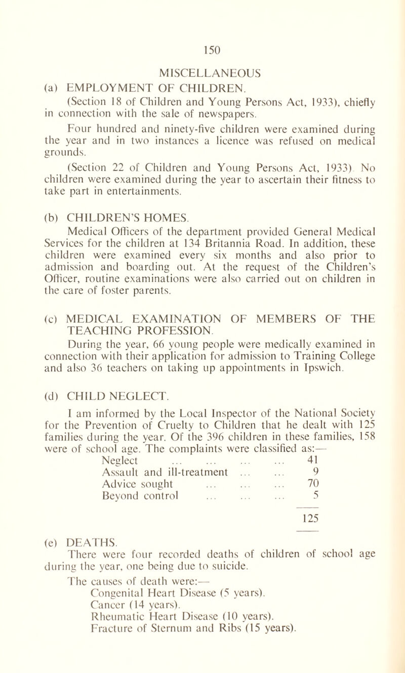 MISCELLANEOUS (a) EMPLOYMENT OF CHILDREN. (Section 18 of Children and Young Persons Act, 1933), chiefly in connection with the sale of newspapers. Four hundred and ninety-five children were examined during the year and in two instances a licence was refused on medical grounds. (Section 22 of Children and Young Persons Act, 1933) No children were examined during the year to ascertain their fitness to take part in entertainments. (b) CHILDREN’S HOMES. Medical Officers of the department provided General Medical Services for the children at 134 Britannia Road. In addition, these children were examined every six months and also prior to admission and boarding out. At the request of the Children’s Officer, routine examinations were also carried out on children in the care of foster parents. (c) MEDICAL EXAMINATION OF MEMBERS OF THE TEACHING PROFESSION During the year, 66 young people were medically examined in connection with their application for admission to Training College and also 36 teachers on taking up appointments in Ipswich. (d) CHILD NEGLECT. I am informed by the Local Inspector of the National Society for the Prevention of Cruelty to Children that he dealt with 125 families during the year. Of the 396 children in these families, 158 were of school age. The complaints were classified as:— Neglect ... ... ... ... 41 Assault and ill-treatment ... ... 9 Advice sought ... 70 Beyond control ... ... ... 5 125 (e) DEATHS. There were four recorded deaths of children of school age during the year, one being due to suicide. The causes of death were:— Congenital Heart Disease (5 years). Cancer (14 years). Rheumatic Heart Disease (10 years). Fracture of Sternum and Ribs (15 years).