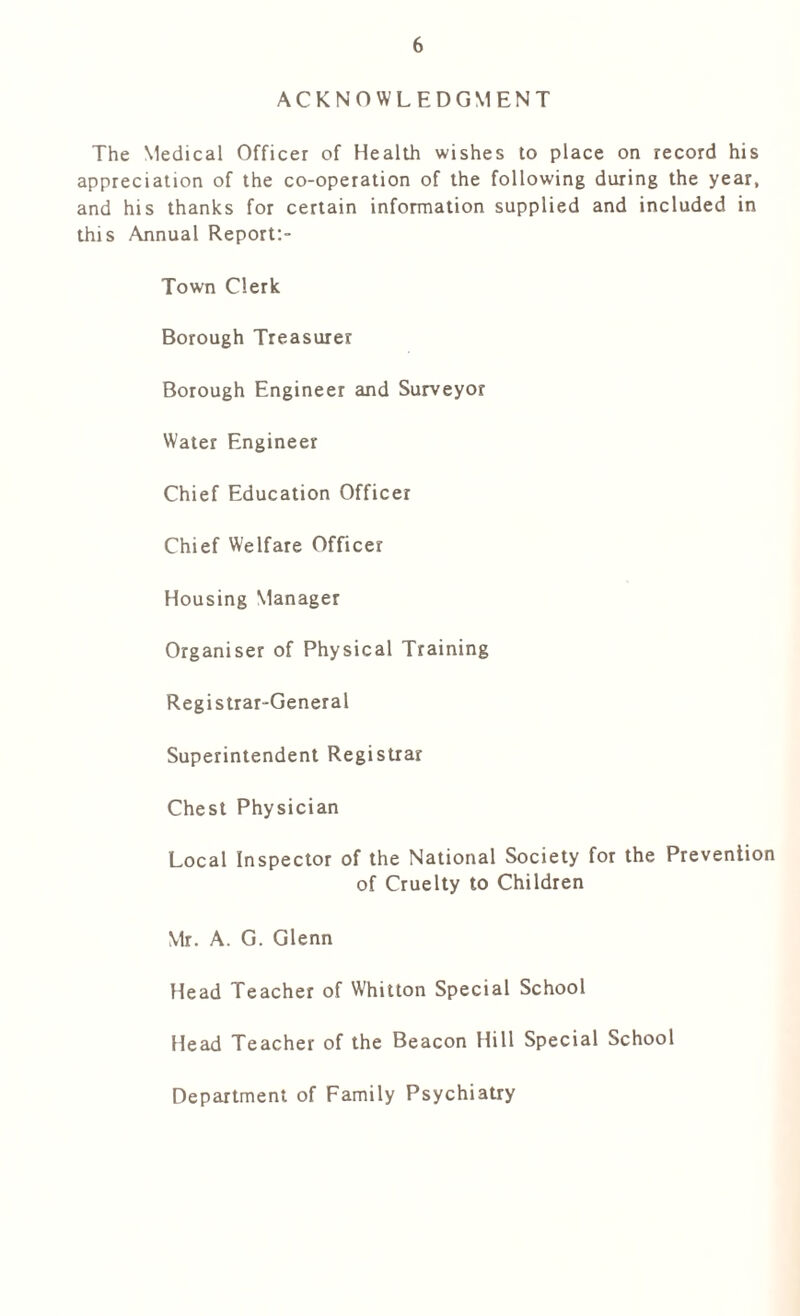 ACKNOWLEDGMENT The Medical Officer of Health wishes to place on record his appreciation of the co-operation of the following during the year, and his thanks for certain information supplied and included in this Annual Report:- Town Clerk Borough Treasurer Borough Engineer and Surveyor Water Engineer Chief Education Officer Chief Welfare Officer Housing Manager Organiser of Physical Training Registrar-General Superintendent Registrar Chest Physician Local Inspector of the National Society for the Prevention of Cruelty to Children Mr. A. G. Glenn Head Teacher of Whitton Special School Head Teacher of the Beacon Hill Special School Department of Family Psychiatry