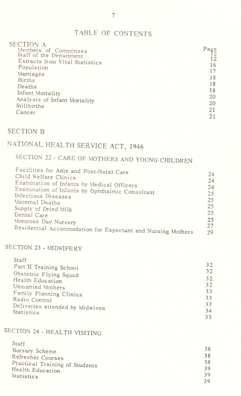 TABLE OF CONTENTS SECTION A Members of Committees Staff of the Department Extracts from Vital Statistics Population Marriages Births Deaths Infant Mortality Analysis of Infant Mortality Stillbirths Cancer P»fe 12 16 17 18 18 18 20 20 21 21 SECTION B NATIONAL HEALTH SERVICE ACT, 1946 SECTION 22 - CARE OF MOTHERS AND YOUNG CHILDREN Facilities for Ante and Post-Natal Care Child Welfare Clinics Examination of Infants by Medical Officers examination of Infants by Ophthalmic Consultant Infectious Diseases Maternal Deaths Supply of Dried Milk Dental Care Montrose Day Nursery Residential Accommodation for Expectant and Nursing Mothers 24 24 24 25 25 25 25 25 27 29 SECTION 23 - MIDWIFERY Staff Part II Training School Obstetric Flying Squad Health Education Unmarried Mothers Family Planning Clinics Radio Control Deliveries attended by Midwives Statistics SECTION 24 - HEALTH VISITING Staff Bursary Scheme Refresher Courses Practical Training of Students Health Education Statistics 32 32 32 32 33 33 33 34 35 38 38 38 39 39 39