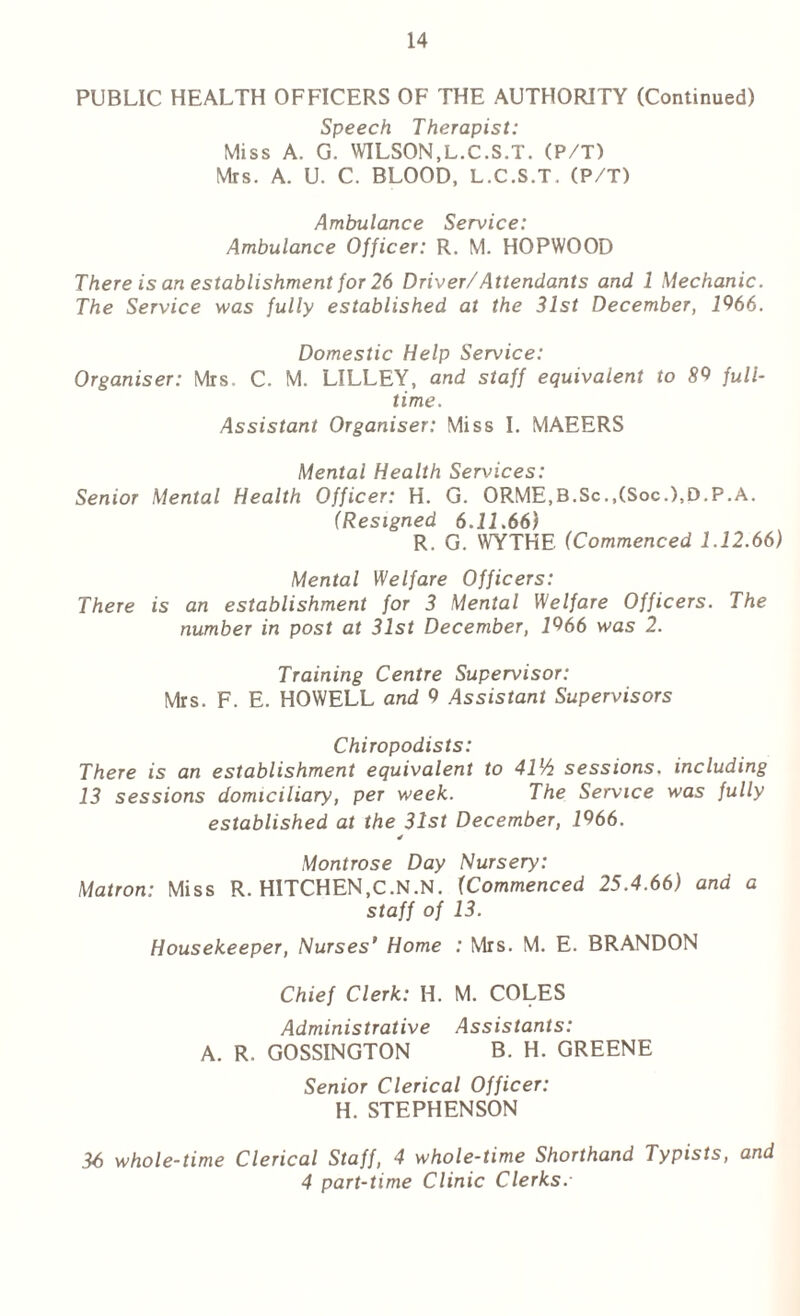 PUBLIC HEALTH OFFICERS OF THE AUTHORITY (Continued) Speech Therapist: Miss A. G. WILSON,L.C.S.T. (P/T) Mrs. A. U. C. BLOOD, L.C.S.T. (P/T) Ambulance Service: Ambulance Officer: R. M. HOPWOOD There is an establishment for 26 Driver/Attendants and 1 Mechanic. The Service was fully established at the 31st December, 1966. Domestic Help Service: Organiser: Mrs. C. M. LILLEY, and staff equivalent to 89 full- time. Assistant Organiser: Miss I. MAEERS Mental Health Services: Senior Mental Health Officer: H. G. ORME,B.Sc.,(Soc.),D.P.A. (Resigned 6.11.66) R. G. WYTHE (Commenced 1.12.66) Mental Welfare Officers: There is an establishment for 3 Mental Welfare Officers. The number in post at 31st December, 1966 was 2. Training Centre Supervisor: Mrs. F. E. HOWELL and 9 Assistant Supervisors Chiropodists: There is an establishment equivalent to 41l6 sessions, including 13 sessions domiciliary, per week. The Service was fully established at the 31st December, 1966. Montrose Day Nursery: Matron: Miss R. HITCHEN.C.N.N. (Commenced 25.4.66) and a staff of 13. Housekeeper, Nurses’ Home : Mrs. M. E. BRANDON Chief Clerk: H. M. COLES Administrative Assistants: A. R. GOSSINGTON B. H. GREENE Senior Clerical Officer: H. STEPHENSON 36 whole-time Clerical Staff, 4 whole-time Shorthand Typists, and 4 part-time Clinic Clerks.