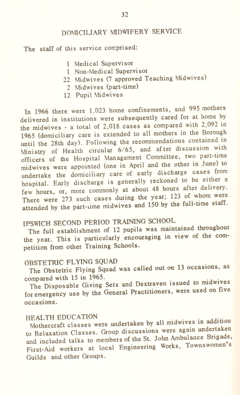 DOMICILIARY MIDWIFERY SERVICE The staff of this service comprised: 1 Medical Supervisor 1 Non-Medical Supervisor 22 Midwives (7 approved Teaching Midwives) 2 Midwives (part-time) 12 Pupil Midwives In 1966 there were 1,023 home confinements, and 995 mothers delivered in institutions were subsequently cared for at home by the midwives - a total of 2,018 cases as compared with 2,092 in 1965 (domiciliary care is extended to all mothers in the Borough until the 28th day). Following the recommendations contained in Ministry of Health circular 6/65, and after discussion with officers of the Hospital Management Committee, two part-time midwives were appointed (one in April and the other in June) to undertake the domiciliary care of early discharge cases from hospital. Early discharge is generally reckoned to be either a few hours, or, more commonly at about 48 hours after de ivery. There were 273 such cases during the year; 123 of whom were attended by the part-dme midwives and 150 by the full-time sta . IPSWICH SECOND PERIOD TRAINING SCHOOL The full establishment of 12 pupils was maintained throughout the year. This is particularly encouraging in view of the com- petition from other Training Schools. OBSTETRIC FLYING SQUAD The Obstetric Flying Squad was called out on 13 occasions, as compared with 15 in 1965. . The Disposable Giving Sets and Dextraven issued to midwives for emergency use by the General Practitioners, were used on five occasions. HEALTH EDUCATION . . . . Mothercraft classes were undertaken by all midwives in addition to Relaxation Classes. Group discussions were again undertaken and included talks to members of the St. John Ambulance Brigade, First-Aid workers at local Engineering Works, Townswomen s Guilds and other Groups.