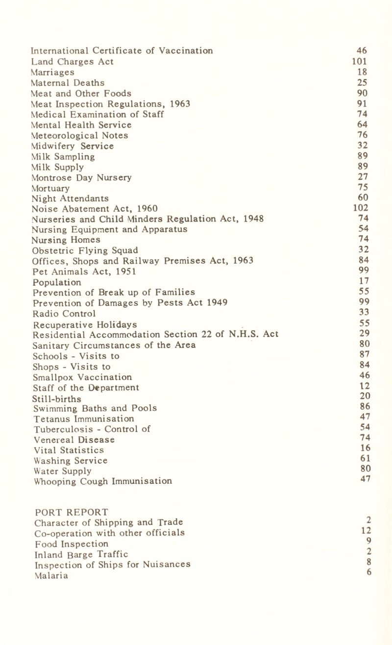 Land Charges Act 101 Marriages 18 Maternal Deaths 25 Meat and Other Foods 90 Meat Inspection Regulations, 1963 91 Medical Examination of Staff 74 Mental Health Service 64 Meteorological Notes 76 Midwifery Service 32 Milk Sampling 89 Milk Supply 89 Montrose Day Nursery 27 Mortuary 75 Night Attendants 60 Noise Abatement Act, 1960 102 Nurseries and Child Minders Regulation Act, 1948 74 Nursing Equipment and Apparatus 54 Nursing Homes 74 Obstetric Flying Squad 32 Offices, Shops and Railway Premises Act, 1963 84 Pet Animals Act, 1951 99 Population 17 Prevention of Break up of Families 55 Prevention of Damages by Pests Act 1949 99 Radio Control 33 Recuperative Holidays 55 Residential Accommodation Section 22 of N.H.S. Act 29 Sanitary Circumstances of the Area 80 Schools - Visits to 87 Shops - Visits to 84 Smallpox Vaccination 46 Staff of the Department 12 Still-births 20 Swimming Baths and Pools 86 Tetanus Immunisation 47 Tuberculosis - Control of 54 Venereal Disease 74 Vital Statistics Washing Service 61 Water Supply 80 WTiooping Cough Immunisation 47 PORT REPORT Character of Shipping and Trade 2 Co-operation with other officials 12 Food Inspection 9 Inland Barge Traffic Inspection of Ships for Nuisances 8 Malaria ^