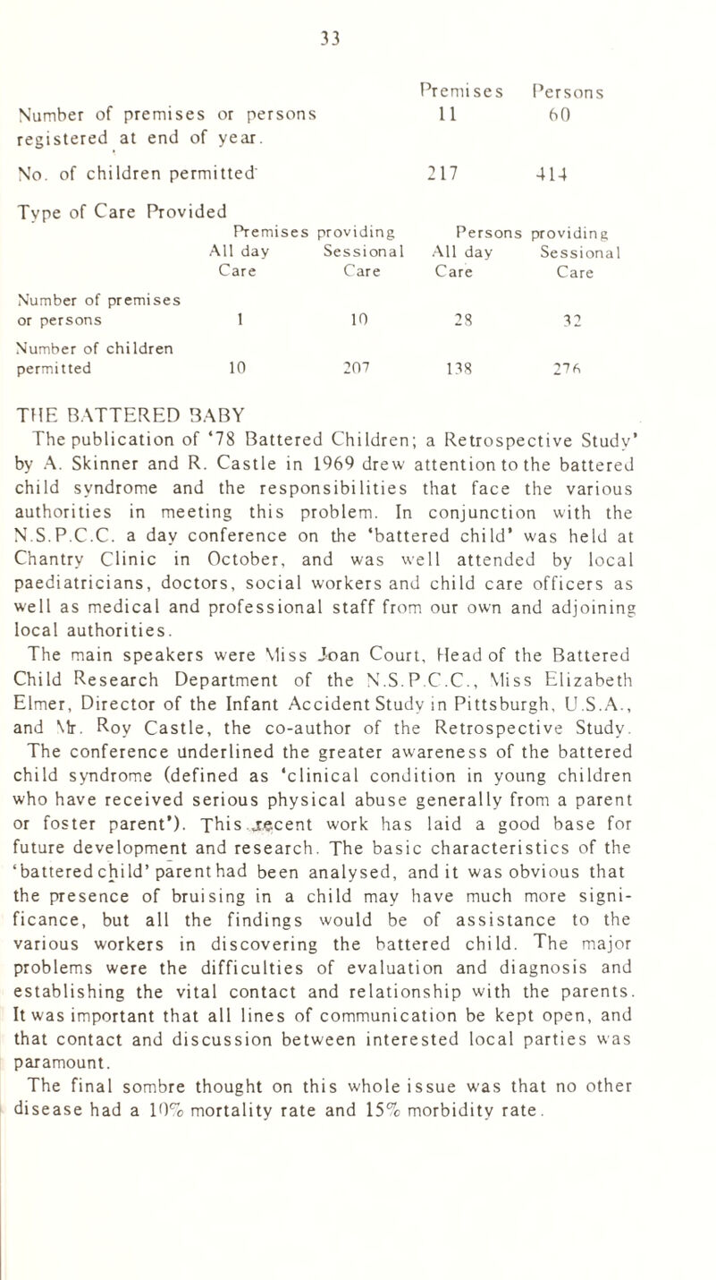 Number of premises or persons registered at end of year. No. of children permitted' 33 Premises 11 Persons 60 217 414 Tvpe of Care Provided Premises providing Persons providing All day Care Sessional Care All day Care Sessional Care Number of premises or persons 1 10 28 82 Number of children permitted 10 207 188 27b THE BATTERED 3ABY The publication of ‘78 Battered Children; a Retrospective Study’ by A. Skinner and R. Castle in 1969 drew attention to the battered child syndrome and the responsibilities that face the various authorities in meeting this problem. In conjunction with the N.S.P.C.C. a day conference on the ‘battered child’ was held at Chantry Clinic in October, and was well attended by local paediatricians, doctors, social workers and child care officers as well as medical and professional staff from our own and adjoining local authorities. The main speakers were Miss Joan Court, Head of the Battered Child Research Department of the N.S.P.C.C., Miss Elizabeth Elmer, Director of the Infant Accident Study in Pittsburgh, U.S.A., and Mr. Rov Castle, the co-author of the Retrospective Study. The conference underlined the greater awareness of the battered child syndrome (defined as ‘clinical condition in young children who have received serious physical abuse generally from a parent or foster parent’). This jrecent work has laid a good base for future development and research. The basic characteristics of the ‘battered child’parent had been analysed, and it was obvious that the presence of bruising in a child may have much more signi- ficance, but all the findings would be of assistance to the various workers in discovering the battered child. The major problems were the difficulties of evaluation and diagnosis and establishing the vital contact and relationship with the parents. It was important that all lines of communication be kept open, and that contact and discussion between interested local parties was paramount. The final sombre thought on this whole issue was that no other disease had a 10% mortality rate and 15% morbidity rate.