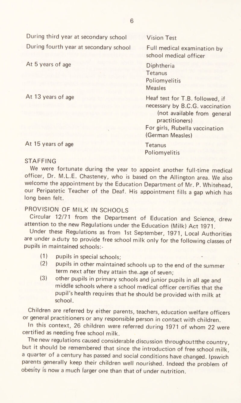 During third year at secondary school During fourth year at secondary school Full medical examination by school medical officer Diphtheria Tetanus Poliomyelitis Measles Heaf test for T.B. followed, if Vision Test At 5 years of age At 13 years of age necessary by B.C.G. vaccination (not available from general practitioners) At 15 years of age For girls, Rubella vaccination (German Measles) Tetanus Poliomyelitis STAFFING We were fortunate during the year to appoint another full-time medical officer, Dr. M.L.E. Chasteney, who is based on the Allington area. We also welcome the appointment by the Education Department of Mr. P. Whitehead, our Peripatetic Teacher of the Deaf. His appointment fills a gap which has long been felt. PROVISION OF MILK IN SCHOOLS Circular 12/71 from the Department of Education and Science, drew attention to the new Regulations under the Education (Milk) Act 1971. Under these Regulations as from 1st September, 1971, Local Authorities are under a.duty to provide free school milk only for the following classes of pupils in maintained schools:- (1) pupils in special schools; (2) pupils in other maintained schools up to the end of the summer term next after they attain the..age of seven; (3) other pupils in primary schools and junior pupils in all age and middle schools where a school medical officer certifies that the pupil's health requires that he should be provided with milk at school. Children are referred by either parents, teachers, education welfare officers or general practitioners or any responsible person in contact with children. In this context, 26 children were referred during 1971 of whom 22 were certified as needing free school milk. The new regulations caused considerable discussion throughouttthe country, but it should be remembered that since the introduction of free school milk, a quarter of a century has passed and social conditions have changed. Ipswich parents generally keep their children well nourished. Indeed the problem of obesity is now a much larger one than that of under nutrition.