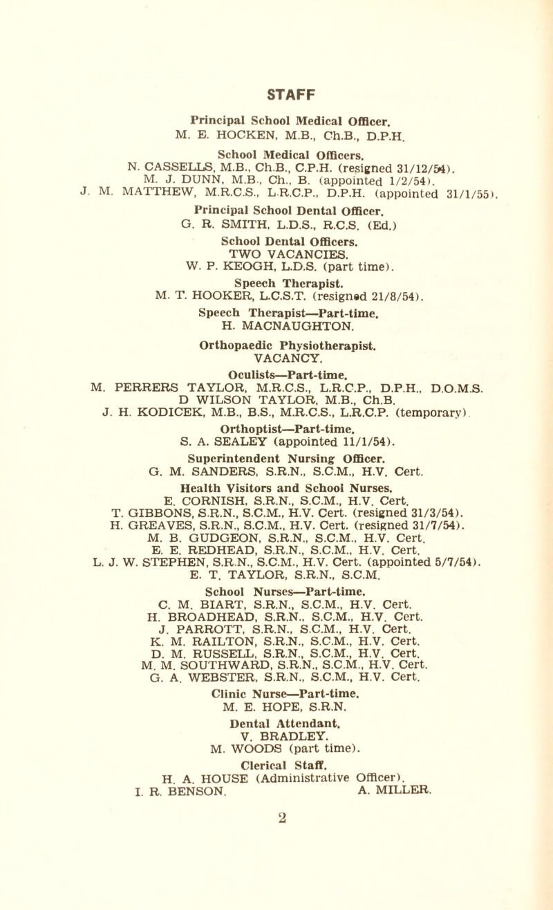 STAFF Principal School Medical Officer. M. E. HOCKEN, M.B., Ch.B., D.P.H. School Medical Officers. N. CASSELLS, M.B., Ch.B., C.P.H. (resigned 31/12/5*1). M. J. DUNN, M.B., Ch., B. (appointed 1/2/54). J. M. MATTHEW, M.R.C.S., L R.C.P., D.P.H. (appointed 31/1/55). Principal School Dental Officer. G. R. SMITH, L.D.S., R.C.S. (Ed.) School Dental Officers. TWO VACANCIES. W. P. KEOGH, L.D.S. (part time). Speech Therapist. M. T. HOOKER, L.C.S.T. (resigned 21/8/54). Speech Therapist—Part-time. H. MACNAUGHTON. Orthopaedic Physiotherapist. VACANCY. Oculists—Part-time. M. PERRERS TAYLOR, M.R.C.S., L.R.C.P., D.P.H., D.O.M.S. D WILSON TAYLOR, M.B., Ch.B. J. H. KODICEK, M.B., B.S., M.R.C.S., L.R.C.P. (temporary) Orthoptist—Part-time. S. A. SEALEY (appointed 11/1/54). Superintendent Nursing Officer. G. M. SANDERS, S.R.N., S.C.M., H.V. Cert. Health Visitors and School Nurses. E. CORNISH, S.R.N., S.C.M., H.V. Cert. T. GIBBONS, S.R.N., S.C.M., H.V. Cert, (resigned 31/3/54). H. GREAVES, S.R.N., S.C.M., H.V. Cert, (resigned 31/7/54). M. B. GUDGEON, S.R.N., S.C.M., H.V. Cert. E. E. REDHEAD, S.R.N., S.C.M., H.V. Cert. L. J. W. STEPHEN, S.R.N., S.C.M., H.V. Cert, (appointed 5/7/54). E. T. TAYLOR, S.R.N., S.C.M. School Nurses—Part-time. C. M. BIART, S.R.N., S.C.M., H.V. Cert. H. BROADHEAD, S.R.N., S.C.M., H.V. Cert. J. PARROTT, S.R.N., S.C.M., H.V. Cert. K. M. RAILTON, S.R.N., S.C.M., H.V. Cert. D. M. RUSSELL, S.R.N., S.C.M., H.V. Cert. M. M. SOUTHWARD, S.R.N., S.C.M., H.V. Cert. G. A. WEBSTER, S.R.N., S.C.M., H.V. Cert. Clinic Nurse—Part-time. M. E. HOPE, S.R.N. Dental Attendant. V. BRADLEY. M. WOODS (part time). Clerical Staff. H A. HOUSE (Administrative Officer). I. R. BENSON. A. MILLER.