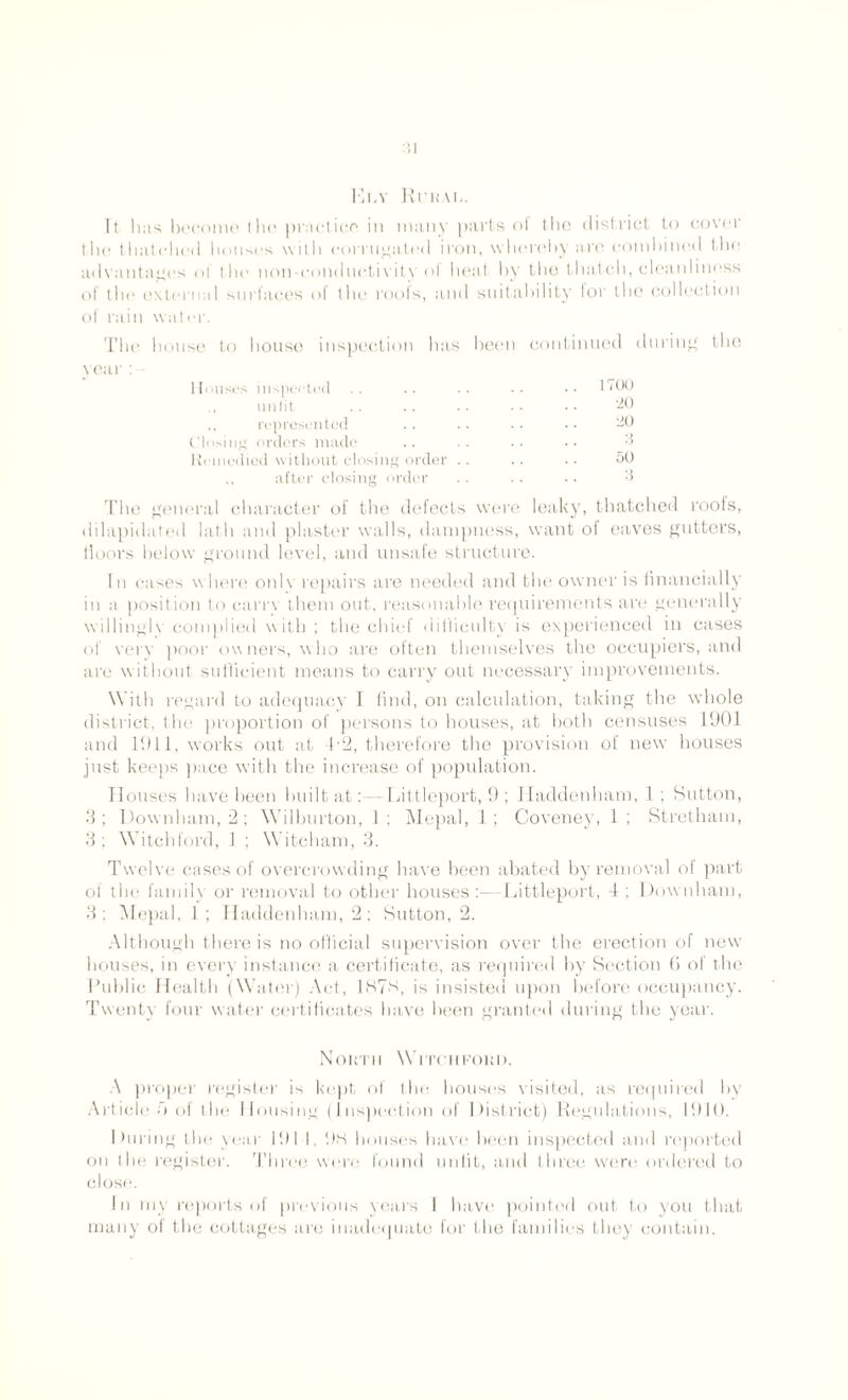 Ely Ri’hal. It lias become the practice in many parts ol the district to cover the thatched houses with corrugated iron, whereby arc combined the advantages of the non-conductivity of heat by the thatch, cleanliness of th(> external surfaces of the rod's, and suitability lor the collection of rain water. The house to house inspection has been continued during the year : I louses inspected unfit represented (.'losing orders made Remedied without closing order ,, after closing order 1700 20 20 3 50 3 The general character of the defects were leaky, thatched roofs, dilapidated lath and plaster walls, dampness, want of eaves gutters, lloors below ground level, and unsafe structure. In cases where onlv repairs are needed and the owner is financially in a position to carry them out, reasonable requirements are generally willingly complied with ; the chief difficulty is experienced in cases of very poor owners, who are often themselves the occupiers, and are without sufficient means to carry out necessary improvements. With regard to adequacy I find, on calculation, taking the whole district, the proportion of persons to houses, at both censuses 1901 and 1911, works out at 4 2, therefore the provision of new bouses just keeps pace with the increase of population. Houses have been built at: — Littleport, 9 ; Haddenham, 1 ; Sutton, 3; Downham, 2; W i 1 burton, 1; Mepal, 1; Coveney, 1 ; Stretham, 3; Witch ford, 1 ; Witcham, 3. Twelve cases of overcrowding have been abated by removal of part of the family or removal to other houses:—Littleport, 4 ; Downham, 3 : Mepal, 1; Haddenham, 2; Sutton, 2. Although there is no official supervision over the erection of new houses, in every instance a certificate, as required by Section Ci of the Public Health (Water) Act, 187S, is insisted upon before occupancy. Twenty four water certificates have been granted during the year. North Witchford. A proper register is kept, of the houses visited, as required by Article n of the Housing (inspection of District) Regulations, 1910. During the year 191 I, 9H houses have been inspected and reported on the register. Three were found unfit, and three were ordered to close. in my reports of previous years I have pointed out to you that many of the cottages are inadequate for the families they contain.