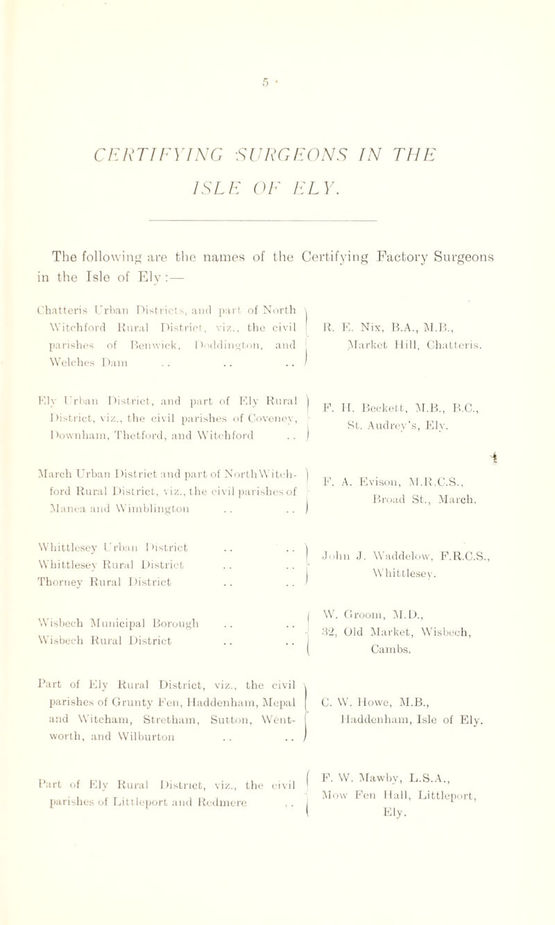 CERTIFYING SURGEONS IN THE ISLE OE ELY. The following are the names of the Certifying Factory Surgeons in the Isle of Ely:— Chatteris Urban Districts, anti part of North Witch ford Rural District, viz., the civil parishes of Bemviek, Doddington, and Welches 1 lam R, E. Nix, B.A., M.B., Market Hill, Chatteris. Ely Urban District, and part of Ely Rural District, viz., the civil parishes of Coveney, Downham, Thetford, and Witchford March Urban District and part of NorthWiteh- ford Rural District, viz., the civil parishes of Manea and Wimblington P. 11. Beckett, M.B., B.C., St. Audrey’s, Ely. i F. A. Evison, M.R.C.S., Broad St., March. Whittlesey Urban District Whittlesey Rural District Thorney Rural District Wisbech Municipal Borough Wisbech Rural District ) John J. Waddelow, F.R.C.S., j Whittlesey. I \Vr. Groom, M.D., 32, Old Market, Wisbech, Cambs. Part of Ely Rural District, viz., the civil parishes of Grunty Fen, Haddenham, Mepal and Witcham, Stretham, Sutton, Went- worth, and Wilburton C. W. Howe, M.B., Haddenham, Isle of Ely. Part of Ely Rural District, viz., the civil parishes of Littleport and Redmere F. W. Maw by, L.S.A., Mow Fen llall, Littleport, Ely.