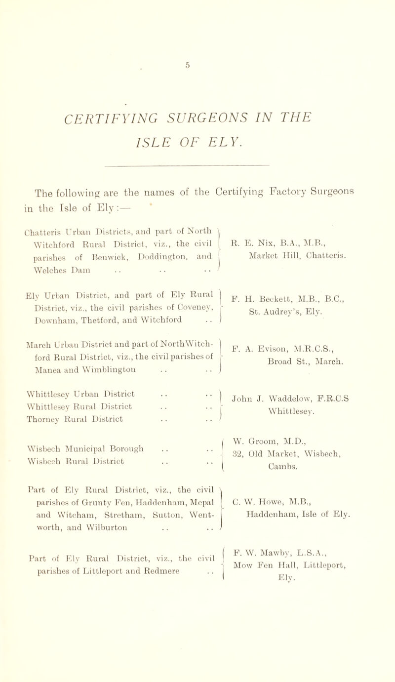 CERTIFYING SURGEONS IN THE ISLE OF ELY. The following are the names of the Certifying Factory Surgeons in the Isle of Ely:— Chatteris Urban Districts, and part of North Witchford Rural District, viz., the civil parishes of Benvvick, Doddington, and Welches Dam R. E. Nix, B.A., M.B., Market Hill, Chatteris. Ely Urban District, and part of Ely Rural | District, viz., the civil parishes of Coveney, Downham, Thetford, and Witchford .. 1 1 F. H. Beckett, M.B., B.C., 1 St. Audrey’s, Ely. March Urban District and part of NorthWitch- | ford Rural District, viz., the civil parishes of Manea and Wimblington .. .. j ^ F. A. Evison, M.R.C.S., 1 Broad St., March. Whittlesey Urban District .. .. ' Whittlesey Rural District .. Thorney Rural District .. .. 1 ^ John J. Waddelow, F.R.C.S | Whittlesey. Wisbech Municipal Borough Wisbech Rural District | W. Groom, M.D., 32, Old Market, Wisbech, | Cambs. Part of Ely Rural District, viz., the civil parishes of Grunty Fen, Haddenham, Mepal and Witcham, Stretham, Sutton, Went- worth, and Wilburton C. W. Howe, M.B., Haddenham, Isle of Ely. Part of Ely Rural District, viz., the civil parishes of Littleport and Redmere F. W. Mawby, L.S.A., Mow Fen Hall, Littleport, Ely.