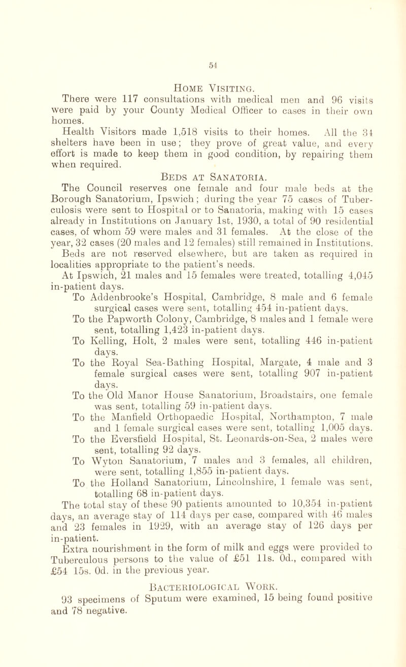 51 Home Visiting. There were 117 consultations with medical men and 96 visits were paid by your County Medical Officer to cases in their own homes. Health Visitors made 1,518 visits to their homes. All the 31 shelters have been in use; they prove of great value, and every effort is made to keep them in good condition, by repairing them when required. Beds at Sanatoria. The Council reserves one female and four male beds at the Borough Sanatorium, Ipswich; during the year 75 cases of Tuber- culosis were sent to Hospital or to Sanatoria, making with 15 cases already in Institutions on January 1st, 1930, a total of 90 residential cases, of whom 59 were males and 31 females. At the close of the year, 32 cases (20 males and 12 females) still remained in Institutions. Beds are not reserved elsewhere, but are taken as required in localities appropriate to the patient’s needs. At Ipswich, 21 males and 15 females were treated, totalling 4,045 in-patient days. To Addenbrooke’s Hospital, Cambridge, 8 male and 6 female surgical cases were sent, totalling 454 in-patient days. To the Papworth Colony, Cambridge, 8 males and 1 female were sent, totalling 1,423 in-patient days. To Ivelling, Holt, 2 males were sent, totalling 446 in-patient days. To the Boyal Sea-Bathing Hospital, Margate, 4 male and 3 female surgical cases were sent, totalling 907 in-patient days. To the Old Manor House Sanatorium, Broadstairs, one female was sent, totalling 59 in-patient days. To the Manfield Orthopaedic Hospital, Northampton, 7 male and 1 female surgical cases were sent, totalling 1,005 days. To the Eversfield Hospital, St. Leonards-on-Sea, 2 males were sent, totalling 92 days. To Wyton Sanatorium, 7 males and 3 females, all children, were sent, totalling 1,855 in-patient days. To the Holland Sanatorium, Lincolnshire, 1 female was sent, totalling 68 in-patient days. The total stay of these 90 patients amounted to 10,354 in-patient days, an average stay of 114 days per case, compared with 46 males and 23 females in 1929, with an average stay of 126 days per in-patient. Extra nourishment in the form of milk and eggs were provided to Tuberculous persons to the value of £51 11s. 0d., compared with £54 15s. Od. in the previous year. Bacteriological Work. 93 specimens of Sputum were examined, 15 being found positive and 78 negative.