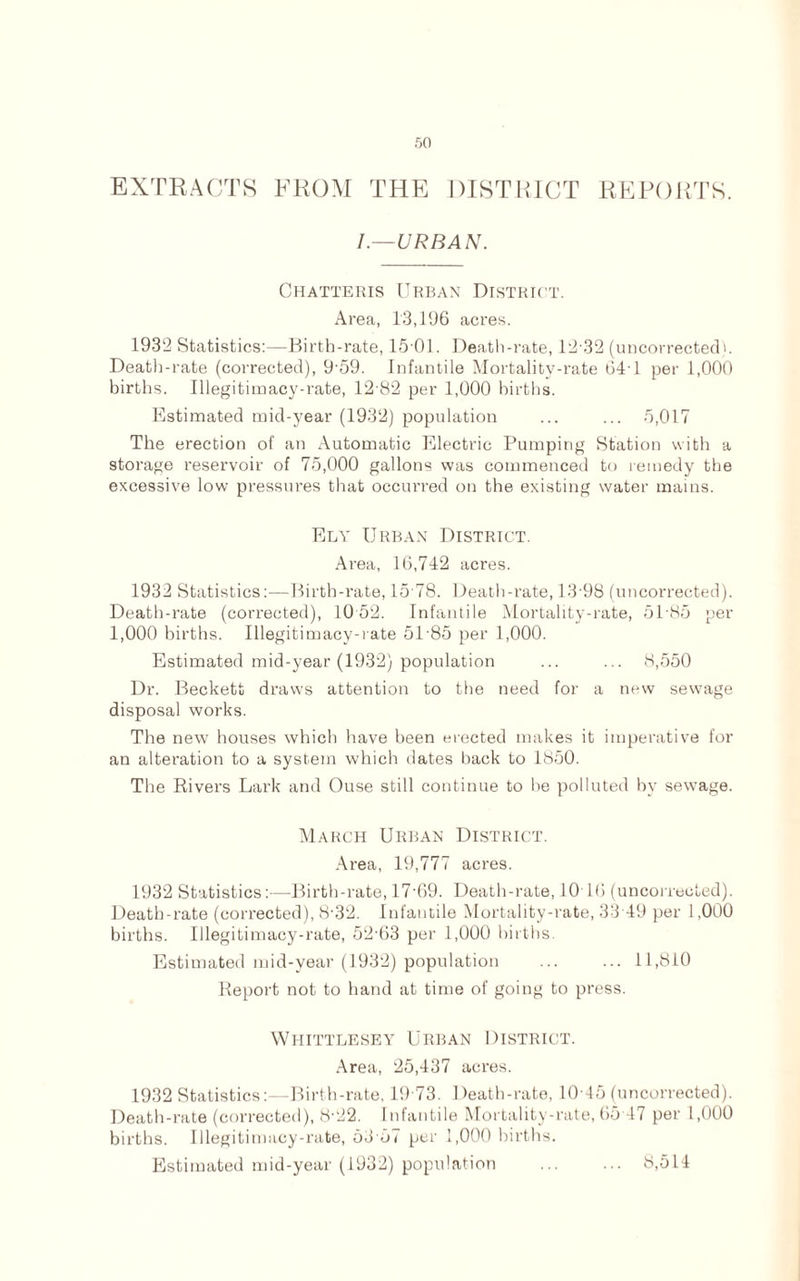 EXTRACTS FROM THE DISTRICT REPORTS. I.—URBAN. Chatteris Urban District. Area, 13,196 acres. 1932 Statistics:—Birth-rate, 15-01. Death-rate, 12 32 (uncorrected Death-rate (corrected), 9 59. Infantile Mortality-rate 64-1 per 1,000 births. Illegitimacy-rate, 12 82 per 1,000 births. Estimated mid-year (1932) population ... ... 5,017 The erection of an Automatic Electric Pumping Station with a storage reservoir of 75,000 gallons was commenced to remedy the excessive low pressures that occurred on the existing water mains. Ely Urban District. Area, 16,742 acres. 1932 Statistics:—Birth-rate, 15 78. Death-rate, 13 98 (uncorrected). Death-rate (corrected), 10 52. Infantile Mortality-rate, 5U85 per 1,000 births. Illegitimacy-rate 5U85 per 1,000. Estimated mid-year (1932) population ... ... 8,550 Dr. Beckett draws attention to the need for a new sewage disposal works. The new houses which have been erected makes it imperative for an alteration to a system which dates back to 1850. The Rivers Lark and Ouse still continue to Ire polluted hv sewage. March Urban District. Area, 19,777 acres. 1932 Statistics:-—Birth-rate, 17-69. Death-rate, 10 16 (uncorrected). Death-rate (corrected), 8'32. Infantile Mortality-rate, 33 49 per 1,000 births. Illegitimacy-rate, 52-63 per 1,000 births. Estimated mid-year (1932) population ... ... 11,810 Report not to hand at time of going to press. Whittlesey Urban District. Area, 25,437 acres. 1932 Statistics:—Birth-rate, 19 73. Death-rate, 10 45 (uncorrected). Death-rate (corrected), 8-22. Infantile Mortality-rate, 65 47 per 1,000 births. Illegitimacy-rate, 63-57 per 1,000 births. Estimated mid-year (1932) population 8,514