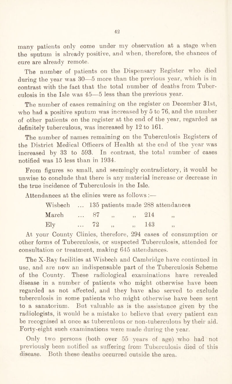 many patients only come under my observation at a stage when the sputum is already positive, and when, therefore, the chances of cure are already remote. The number of patients on the Dispensary Register who died during the year was 30—5 more than the previous year, which is in contrast with the fact that the total number of deaths from Tuber- culosis in the Isle was 45—5 less than the previous year. The number of cases remaining on the register on December 31st, who had a positive sputum was increased by 5 to 76, and the number of other patients on the register at the end of the year, regarded as definitely tuberculous, was increased by 12 to 161. The number of names remaining on the Tuberculosis Registers of the District Medical Officers of Health at the end of the year was increased by 33 to 593. In contrast, the total number of cases notified was 15 less than in 1934. From figures so small, and seemingly contradictory, it would be unwise to conclude that there is any material increase or decrease in the true incidence of Tuberculosis in the Isle. Attendances at the clinics were as follows:— Wisbech ... 135 patients made 288 attendances March ... 87 ,, ,, 214 ,, Ely ... 72 ,, ,, 143 ,, At your County Clinics, therefore, 294 cases of consumption or other forms of Tuberculosis, or suspected Tuberculosis, attended for consultation or treatment, making 645 attendances. The X-Ray facilities at Wisbech and Cambridge have continued in use, and are now an indispensable part of the Tuberculosis Scheme of the County. These radiological examinations have revealed disease in a number of patients who might otherwise have been regarded as not affected, and they have also served to exclude tuberculosis in some patients who might otherwise have been sent to a sanatorium. Bat valuable as is the assistance given by the radiologists, it would be a mistake to believe that every patient can be recognised at once as tuberculous or non-tuberculous by their aid. Forty-eight such examinations were made during the year. Only two persons (both over 55 years of age) who had not previously been notified as suffering from Tuberculosis died of this disease. Both these deaths occurred outside the area.