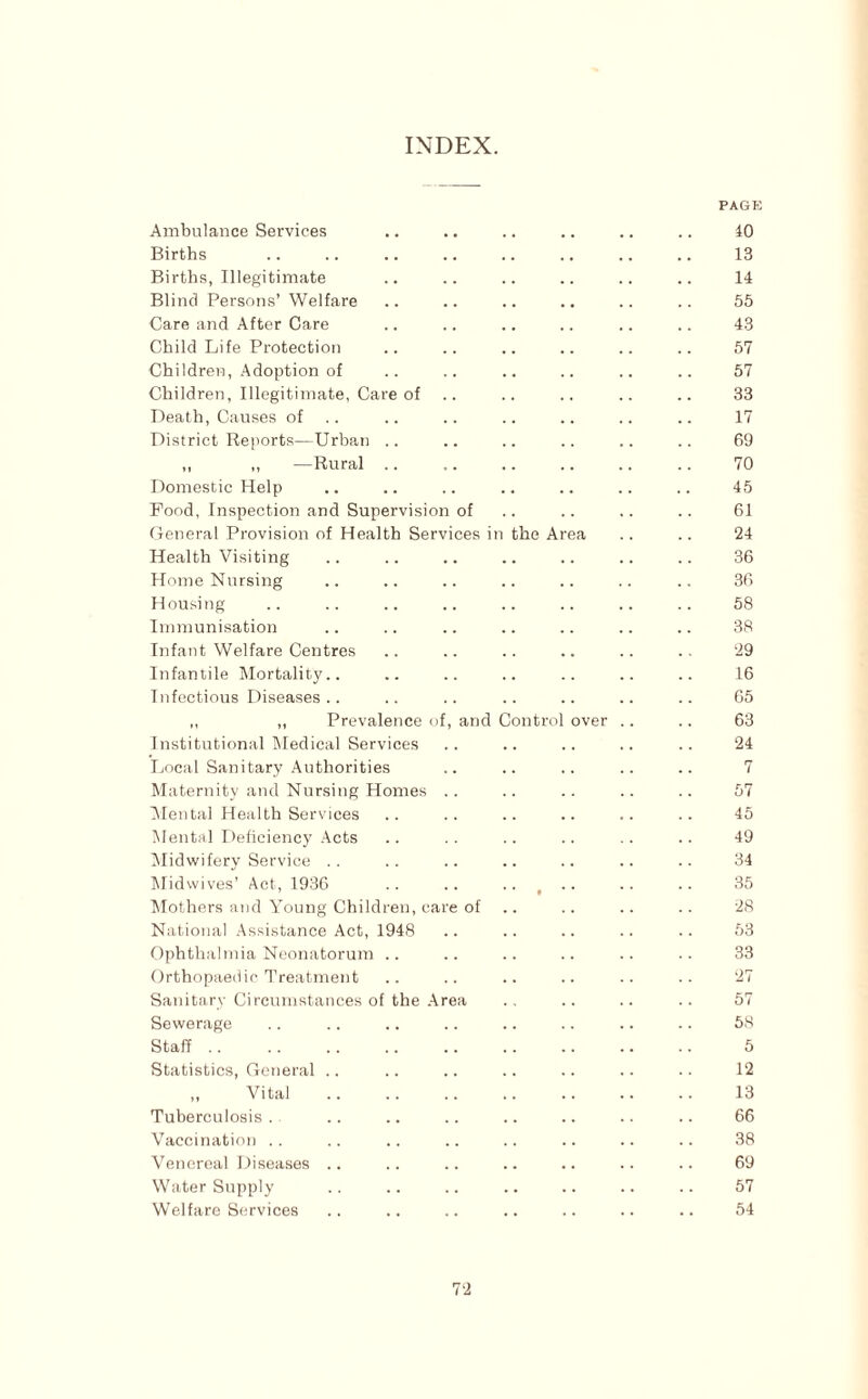 INDEX. PAGE Ambulance Services .. .. .. .. .. .. 40 Births .. .. .. .. .. .. .. .. 13 Births, Illegitimate .. .. .. .. .. .. 14 Blind Persons’ Welfare .. .. .. .. .. .. 55 Care and After Care .. .. .. .. .. .. 43 Child Life Protection .. .. .. .. .. .. 57 Children, Adoption of .. .. .. .. .. .. 57 Children, Illegitimate, Care of .. .. .. .. .. 33 Death, Causes of .. .. .. .. .. .. 17 District Reports—Urban .. .. .. .. .. .. 69 ,, ,, —Rural .. .. .. .. .. .. 70 Domestic Help .. .. .. .. .. .. .. 45 Pood, Inspection and Supervision of .. .. .. .. 61 General Provision of Health Services in the Area .. .. 24 Health Visiting .. .. .. .. .. .. .. 36 Home Nursing .. .. .. .. .. .. .. 36 Housing .. .. .. .. .. .. .. .. 58 Immunisation .. .. .. .. .. .. .. 38 Infant Welfare Centres .. .. .. .. .. 29 Infantile Mortality.. .. .. .. .. .. .. 16 Infectious Diseases.. .. .. .. .. .. .. 65 ,, ,, Prevalence of, and Control over .. .. 63 Institutional Medical Services .. .. .. .. .. 24 Local Sanitary Authorities .. .. .. .. .. 7 Maternity and Nursing Homes .. .. .. .. .. 57 Mental Health Services .. .. .. .. .. .. 45 Mental Deficiency Acts .. .. .. .. .. .. 49 Midwifery Service .. .. .. .. .. .. .. 34 Midwives’ Act, 1936 .. .. .. § .. .. .. 35 Mothers and Young Children, care of .. .. .. .. 28 National Assistance Act, 1948 .. .. .. .. .. 53 Ophthalmia Neonatorum .. .. .. .. .. .. 33 Orthopaedic Treatment .. .. .. .. .. .. 27 Sanitary Circumstances of the Area .. .. .. .. 57 Sewerage .. .. .. .. .. .. .. .. 58 Stall .. .. .. .. .. .. .. .. .. 5 Statistics, General .. .. .. .. .. .. .. 12 „ Vital 13 Tuberculosis . .. .. .. .. .. .. .. 66 Vaccination . . .. .. .. .. .. .. .. 38 Venereal Diseases .. .. .. .. .. .. .. 69 Water Supply .. .. .. .. .. .. .. 57 Welfare Services .. .. .. .. .. .. .. 54