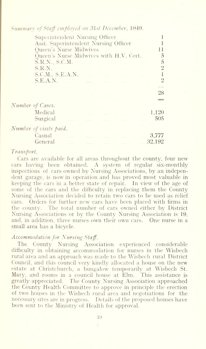 I Superintendent Nursing Officer Asst. Superintendent Nursing Officer Queen’s Nurse Midwives Oueen's Nurse Midwives with H.V. Cert. S.R.N., S.C.M. S.R.N. S.C.M., S.E.A.N. S.E.A.N. 11 D 9 28 Number of Cases. Medical Surgical 1,120 505 Number of visits paid. Casual General 3,777 32,192 Transport. Cars are available for all areas throughout the county, four new cars having been obtained. A system of regular six-monthly inspections of cars owned by Nursing Associations, by an indepen- dent garage, is now in operation and has proved most valuable in keeping the cars in a better state of repair. In view of the age of some of the cars and the difficulty in replacing them the County Nursing Association decided to retain two cars to be used as relief cars. Orders for further new cars have been placed with firms in the county. The total number of cars owned either by District Nursing Associations or by the County Nursing Association is 19, and, in addition, three nurses own their own cars. One nurse in a small area has a bicycle. Accommodation for Nursing Staff. The County Nursing Association experienced considerable difficulty in obtaining accommodation for nurses in the Wisbech rural area and an approach was made to the Wisbech rural District Council, and this council very kindly allocated a house on the new estate at Christchurch, a bungalow temporarily at Wisbech St. Mary, and rooms in a council house at Elm. This assistance is greatly appreciated. The County Nursing Association approached the County Health Committee to approve in principle the erection of two houses in the Wisbech rural area and negotiations for the necessary sites are in progress. Details of the proposed houses have been sent to the Ministry of Health for approval.