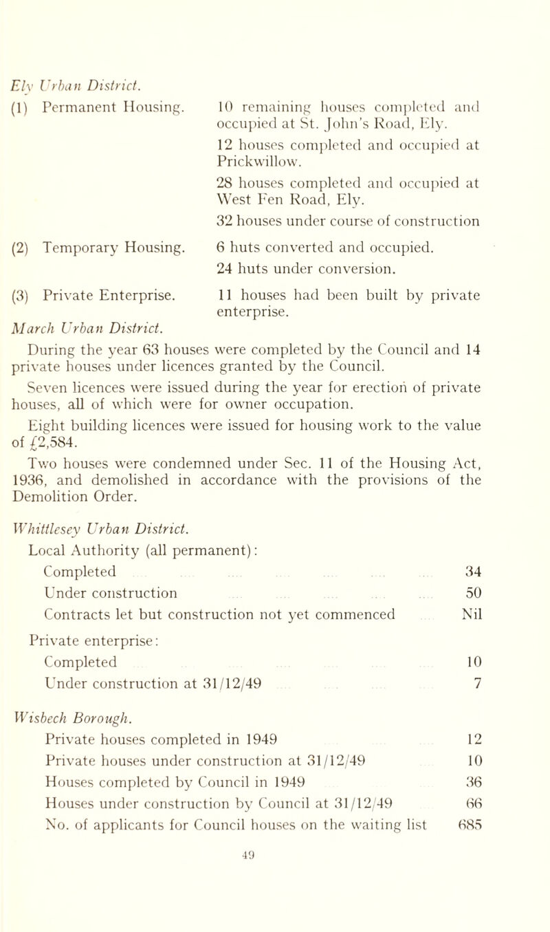 ZT/v Urban District. (1) Permanent Housing. 10 remaining houses completed and occupied at St. John’s Road, Ely. 12 houses completed and occupied at Prickwillow. 28 houses completed and occupied at West l'en Road, Ely. 32 houses under course of construction (2) Temporary Housing. 6 huts converted and occupied. 24 huts under conversion. (3) Private Enterprise. 11 houses had been built by private enterprise. March Urban District. During the year 63 houses were completed by the Council and 14 private houses under licences granted by the Council. Seven licences were issued during the year for erection of private houses, all of which were for owner occupation. Eight building licences were issued for housing work to the value of £2,584. Two houses were condemned under Sec. 11 of the Housing Act, 1936, and demolished in accordance with the provisions of the Demolition Order. Whittlesey Urban District. Local Authority (all permanent): Completed 34 Under construction 50 Contracts let but construction not yet commenced Nil Private enterprise: Completed 10 Under construction at 31/12/49 7 Wisbech Borough. Private houses completed in 1949 12 Private houses under construction at 31/12/49 10 Houses completed by Council in 1949 36 Houses under construction by Council at 31/12/49 66 No. of applicants for Council houses on the waiting list 685