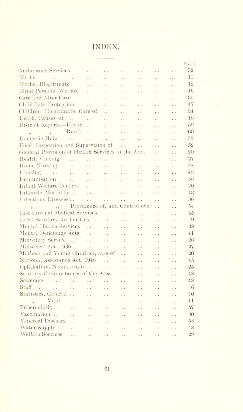 INDEX. PAG K Ambulance Services .. .. .. .. .. .. 32 Births .. .. .. .. .. .. .. .. 11 Births, Illegitimate .. .. .. .. .. .. 12 Blind Persons’ Welfare .. .. .. .. .. .. 46 Care and After Care .. .. .. .. .. .. 35 Child Life Protection .. .. .. .. .. .. 47 Children, Illegitimate, Care of .. .. .. .. .. 24 Death, Causes of .. .. .. .. .. .. .. 18 District Reports—Urban .. .. .. .. .. .. 59 ,, ,, —Rural .. .. .. .. .. .. GO Domestic Help .. .. .. .. .. .. .. 38 Food, Inspection and Supervision of .. .. .. .. 52 General Provision of Health Services in the Area .. .. 20 Health Visiting .. .. .. .. .. .. .. 27 Home Nursing .. .. .. .. .. .. .. 28 Housing .. .. .. .. .. .. .. .. 48 Immunisation .. .. .. .. .. .. .. 30 Infant Welfare Centres .. .. .. .. .. .. 20 Infantile Mortality.. .. .. .. .. .. .. 13 Infectious Diseases.. .. .. .. .. .. .. 56 ,, ,, Prevalence of, and Control over . . .. 54 Institutional Medical Services .. .. . . .. .. 45 Local Sanitary Authorities .. .. .. .. .. 9 Mental Health Services .. .. .. .. .. .. 38 Mental Deficiency Acts .. .. .. .. .. .. 41 Midwifery Service .. .. .. .. .. .. .. 26 Midwives’ Act, 1936 .. .. .. .. .. .. 27 Mothers and Young Children, care of .. .. .. .. 20 National Assistance Act, 1948 .. .. .. .. .. 45 Ophthalmia Neonatorum .. .. .. .. .. .. 25 Sanitary Circumstances of the Area . .. .. .. 48 Sewerage .. .. .. .. .. .. .. .. 48 Staff 6 Statistics, General .. .. .. .. .. .. .. 10 ,, Vital .. .. .. .. .. .. .. 11 Tuberculosis . .. .. .. .. .. .. .. 57 Vaccination .. .. .. .. .. .. .. .. 30 Venereal Diseases .. .. .. .. .. .. .. 58 Water Supply .. .. .. .. .. .. .. 48 Welfare Services .. .. .. .. .. .. .. 29
