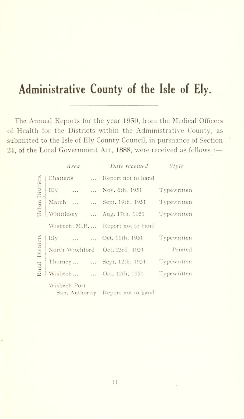 Administrative County of the Isle of Ely The Annual Reports for the year 1950, from the Medical Officers of Health for the Districts within the Administrative County, as submitted to the Isle of Ely County Council, in pursuance of Section 24, of the Local Government Act, 1888, were received as follows :— A rea Date received Style X) o f Chatteris Report not to hand U 1 Ely Nov. 6th, 1951 T vpewritten n March Sept. 19th, 1951 T vpewritten 5 Whittlesey Aug. 17th, 1951 T vpewritten Wisbech, M.R.... Report not to hand X | [ Ely Oct. 11th, 1951 T vpewritten ^ 1 North Witchford 1 Oct. 23rd, 1951 Printed u i Thorney ... Sept. 12th, 1951 T vpewritten i Wisbech... Oct. 12th, 1951 T vpewritten Wisbech Port San. Authority Report not to hand