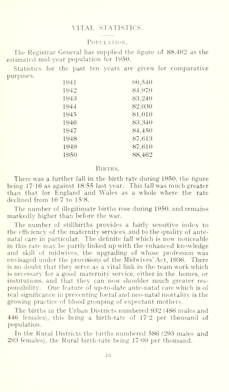 VITAL STATISTICS. Population. The Registrar General has supplied the figure of 88,462 as the estimated mid-year population for 1950. Statistics for the past ten years are given for comparative purposes. 1941 90,540 1942 84,970 1943 83,240 1944 82,030 1945 81,010 1946 83,340 1947 84,450 1948 87,613 1949 87,610 1950 88,462 Births. There was a further fall in the birth rate during 1950, the figure being 17'16 as against 18'55 last year. This fall was much greater than that for England and Wales as a whole where the rate declined from 16 7 to 15 8. The number of illegitimate births rose during 1950, and remains markedly higher than before the war. The number of stillbirths provides a fairly sensitive index to the efficiency of the maternity services, and to the quality of ante- natal care in particular. The definite fall which is now noticeable in this rate may be partly linked up with the enhanced knowledge and skill of midwives, the upgrading of whose profession was envisaged under the provisions of the Midwives’ Act, 1936. There is no doubt that they serve as a vital link in the team work which is necessary for a good maternitv service, either in the homes, or institutions, and that they can now shoulder much greater res- ponsibility. One feature of up-to-date ante-natal care which is of real significance in preventing foetal and neo-natal mortalitv is the growing practice of blood grouping of expectant mothers. The births in the Urban Districts numbered 932 (486 males and 446 females), this being a birth-rate of 17• 2 per thousand of population. In the Rural Districts the births numbered 586 (293 males and 293 females), the Rural birth-rate being 17 09 per thousand.