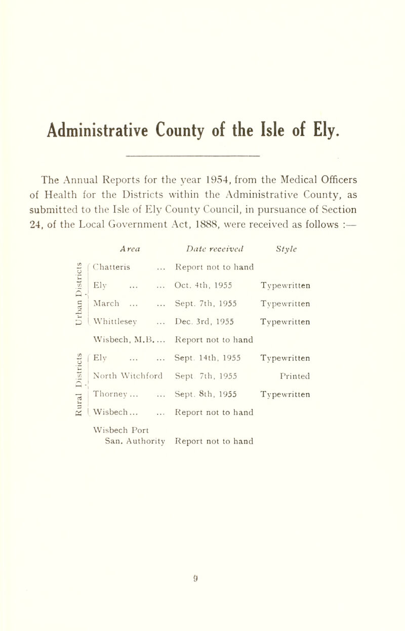 Administrative County of the Isle of Ely The Annual Reports for the year 1954, from the Medical Officers of Health for the Districts within the Administrative County, as submitted to the Isle of Ely County Council, in pursuance of Section 24, of the Local Government Act, 1888, were received as follows :— A re a Date received Style - ! o Chatteris Report not to hand u •fi Elv ' Oct. 4th, 1955 Typewritten C March Sept. 7th, 1955 Typewritten p Whittlesey Dec. 3rd, 1955 Typewritten Wisbech, M.B.... Report not to hand ■j) o Ely Sept 14th, 1955 Typewritten North Witchford Sept 7th, 1955 Printed u Thorney ... Sept. 8th, 1955 Typewritten Wisbech... Report not to hand Wisbech Port San. Authority Report not to hand