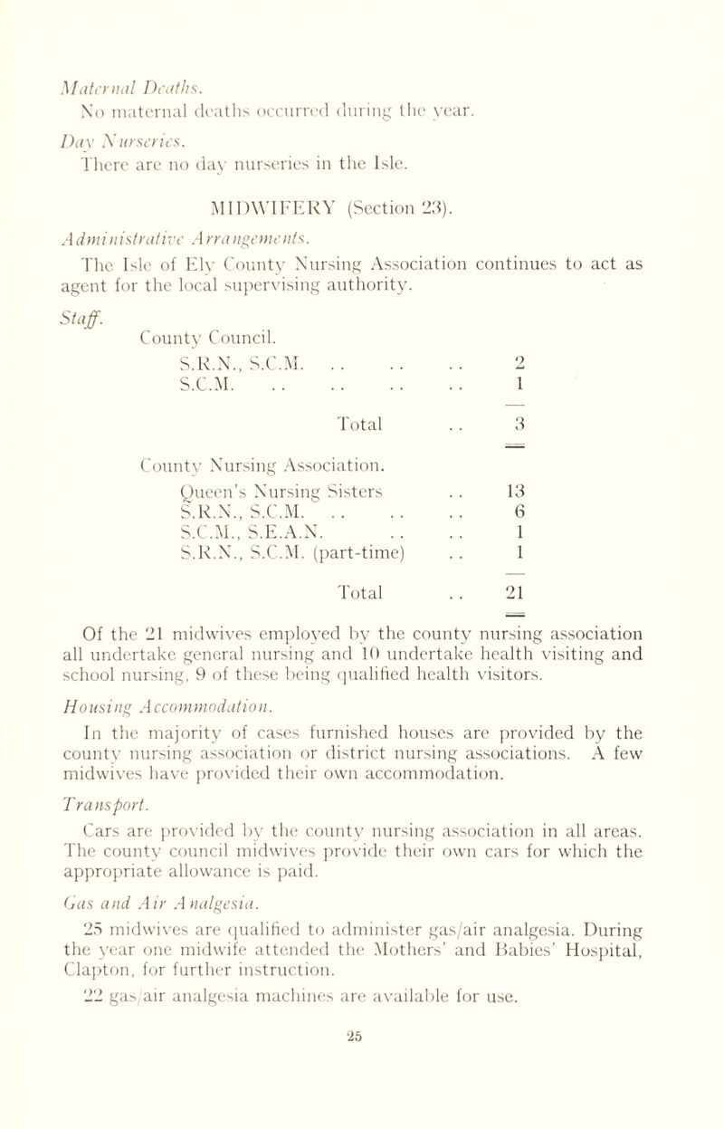 Maternal Deaths. No maternal deaths occurred during the year. Day Nurseries. There are no day nurseries in the Isle. MIDWIFERY (Section 23). Administrative Arrangements. The Isle of Ely County Nursing Association continues to act as agent for the local supervising authority. Staff. County Council. S.R.N., S.C.M 2 S.C.M 1 Total . . 3 County Nursing Association. Queen’s Nursing Sisters . . 13 S.R.N., S.C.M 6 S.C.M., S.E.A.N. .. .. 1 S.R.N., S.C.M. (part-time) . . 1 Total . . 21 Of the 21 midwives employed by the county nursing association all undertake general nursing and 10 undertake health visiting and school nursing, 9 of these being qualified health visitors. Housing A ccommodation. In the majority of cases furnished houses are provided by the county nursing association or district nursing associations. A few midwives have provided their own accommodation. Tra ns port. Cars are provided by the county nursing association in all areas. The county council midwives provide their own cars for which the appropriate allowance is paid. Gas and Air Analgesia. 25 midwives are qualified to administer gas/air analgesia. During the year one midwife attended the Mothers’ and Babies’ Hospital, Clapton, for further instruction. 22 gas/air analgesia machines are available for use. ‘25