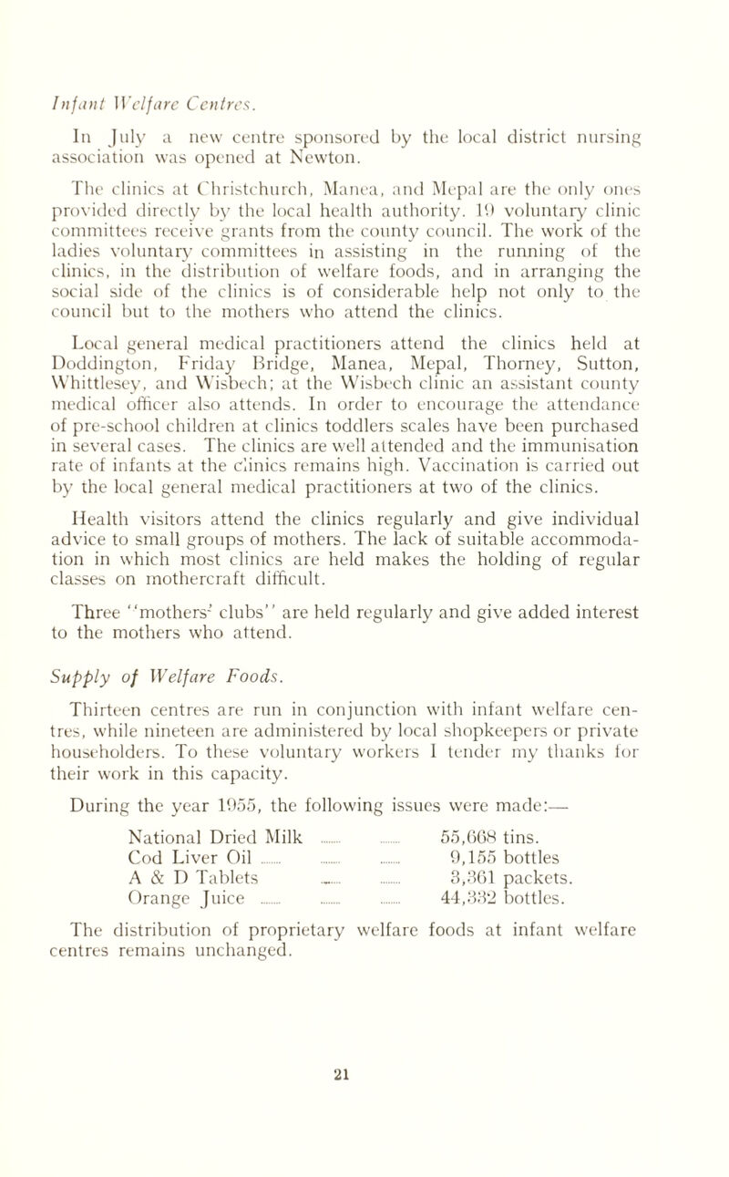 Infant Welfare Centres. In July a new centre sponsored by the local district nursing association was opened at Newton. The clinics at Christchurch, Manea, and Mepal are the only ones provided directly by the local health authority. 19 voluntary clinic committees receive grants from the county council. The work of the ladies voluntary committees in assisting in the running of the clinics, in the distribution of welfare foods, and in arranging the social side of the clinics is of considerable help not only to the council but to the mothers who attend the clinics. Local general medical practitioners attend the clinics held at Doddington, Friday Bridge, Manea, Mepal, Thorney, Sutton, Whittlesey, and Wisbech; at the Wisbech clinic an assistant county medical officer also attends. In order to encourage the attendance of pre-school children at clinics toddlers scales have been purchased in several cases. The clinics are well attended and the immunisation rate of infants at the clinics remains high. Vaccination is carried out by the local general medical practitioners at two of the clinics. Health visitors attend the clinics regularly and give individual advice to small groups of mothers. The lack of suitable accommoda- tion in which most clinics are held makes the holding of regular classes on mothercraft difficult. Three “mothers-’ clubs’’ are held regularly and give added interest to the mothers who attend. Supply of Welfare Foods. Thirteen centres are run in conjunction with infant welfare cen- tres, while nineteen are administered by local shopkeepers or private householders. To these voluntary workers I tender my thanks for their work in this capacity. During the year 1955, the following issues were made:— National Dried Milk 55,668 tins. Cod Liver Oil 9,155 bottles A & D Tablets 3,361 packets. Orange Juice 44,332 bottles. The distribution of proprietary welfare foods at infant welfare centres remains unchanged.